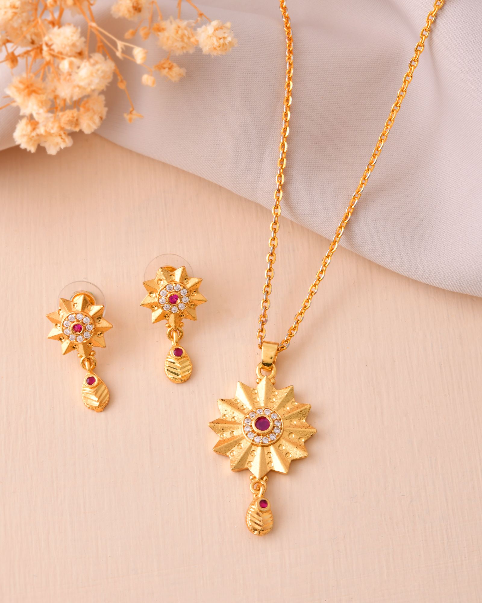 Jewels Nest Gold-Plated Sunburst Pendant Necklace Set With Matching Earrings For Women | Grocsy