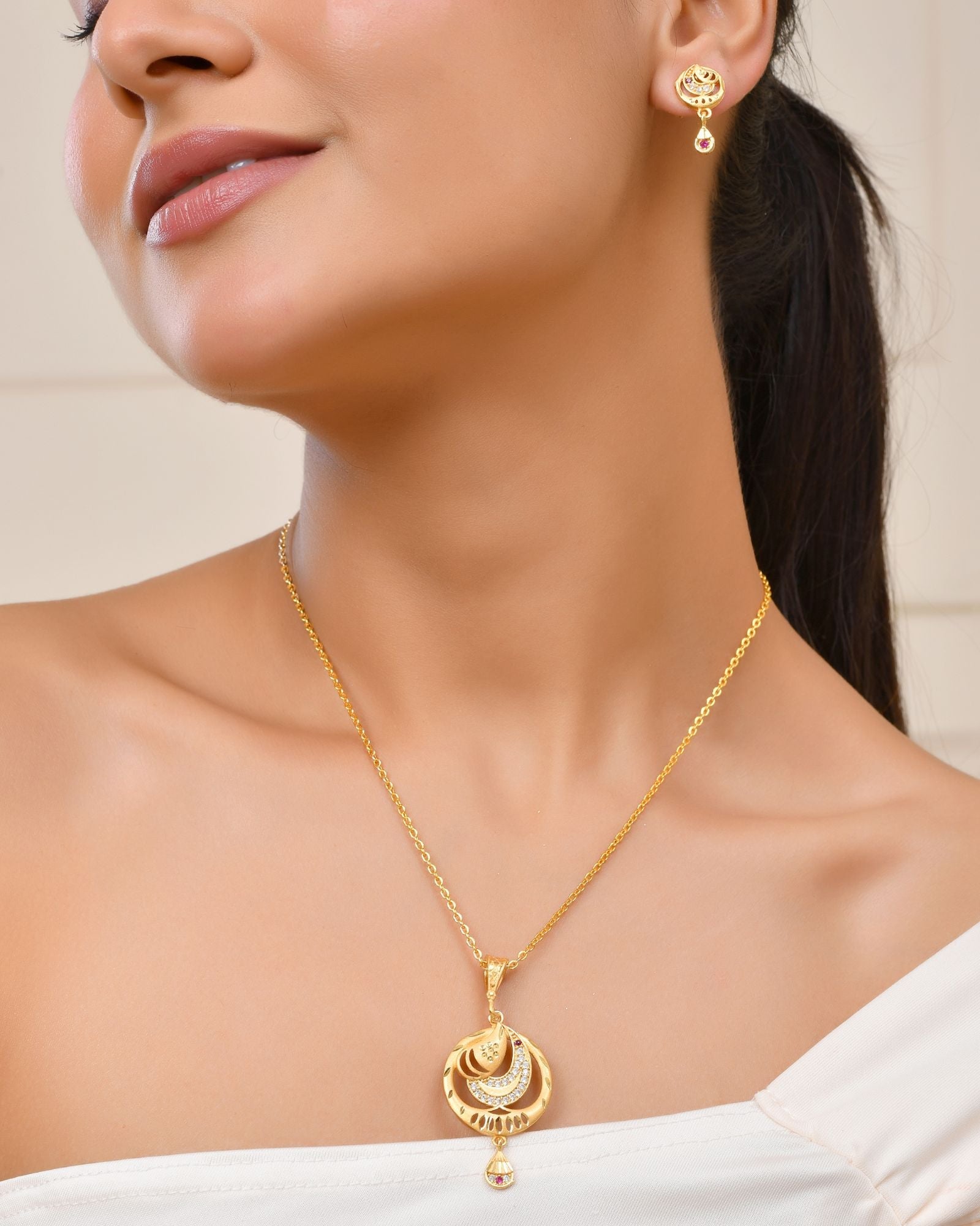 Jewels Nest Gold-Plated Crescent Motif Pendant Necklace Set With Matching Earrings For Women | Grocsy