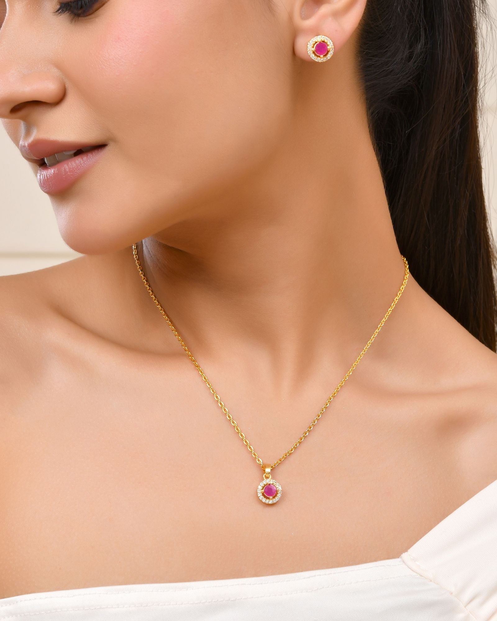 Jewels Nest Gold-Plated Round Pink Stone Pendant Necklace Set With Stud Earrings For Women | Grocsy