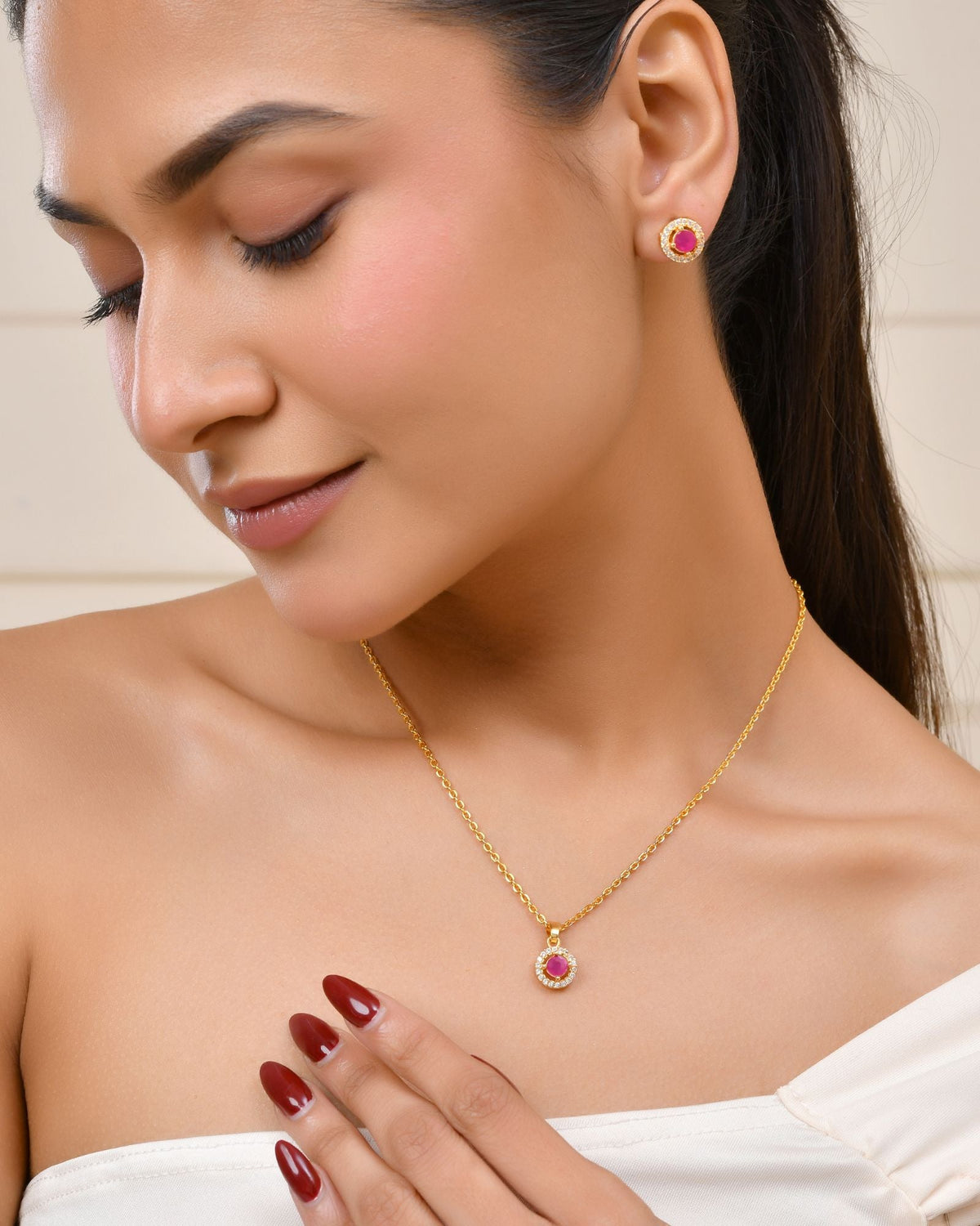 Jewels Nest Gold-Plated Round Pink Stone Pendant Necklace Set With Stud Earrings For Women | Grocsy