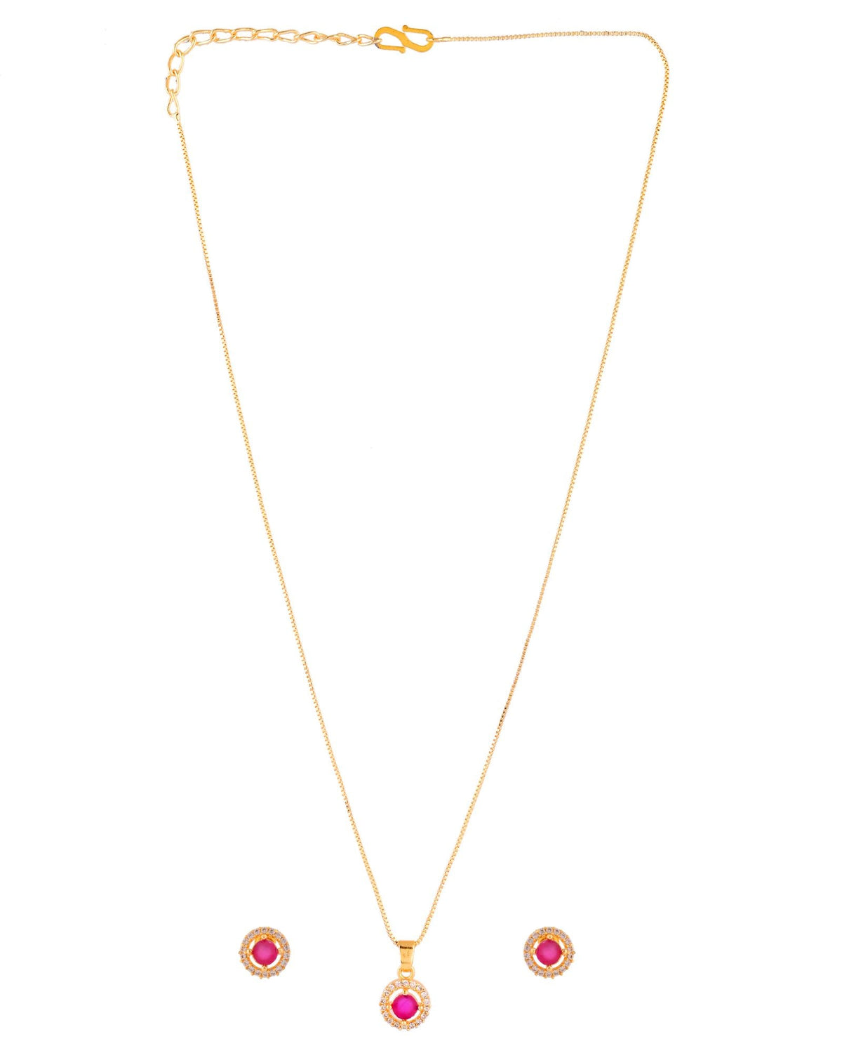 Jewels Nest Gold-Plated Round Pink Stone Pendant Necklace Set With Stud Earrings For Women | Grocsy
