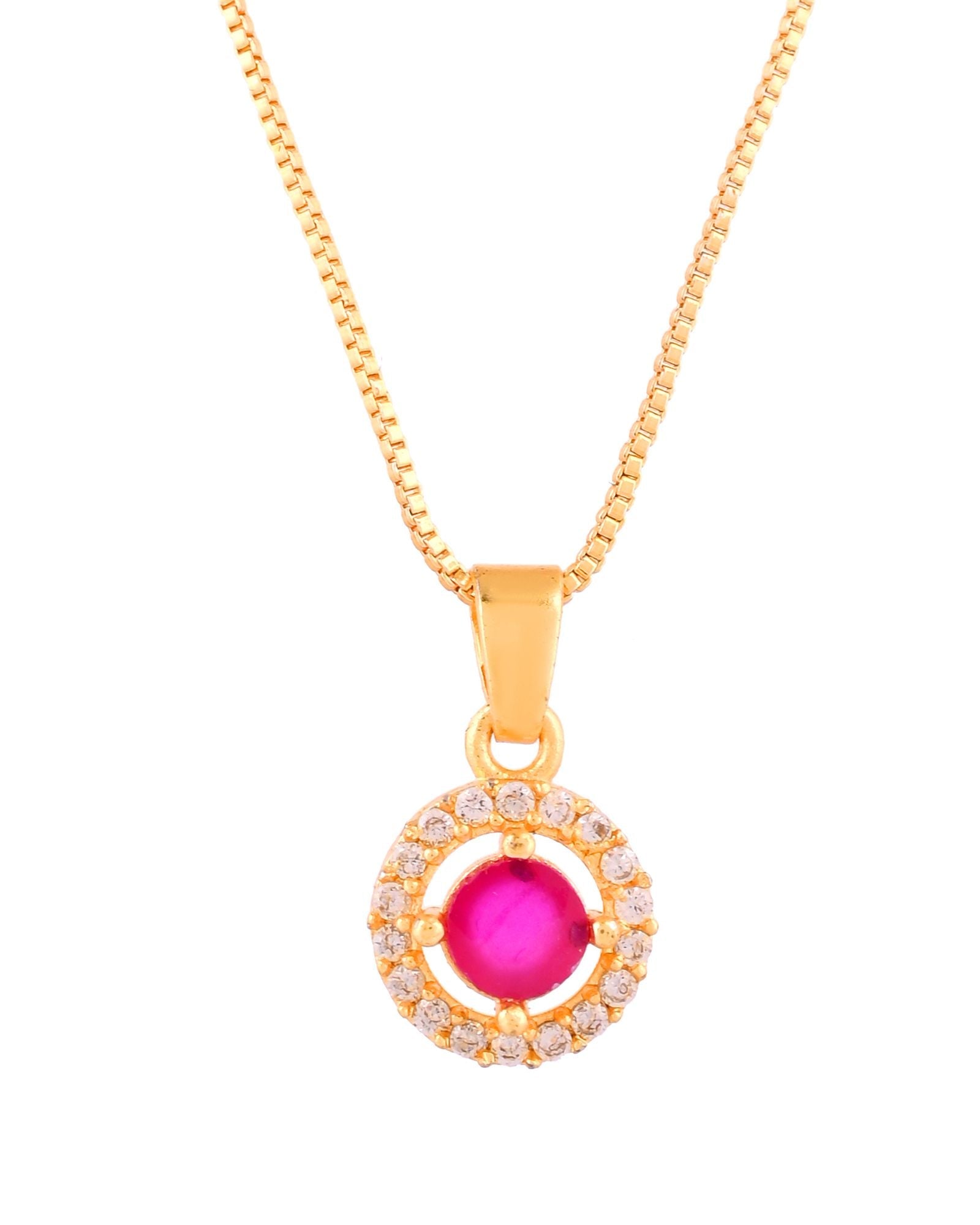 Jewels Nest Gold-Plated Round Pink Stone Pendant Necklace Set With Stud Earrings For Women | Grocsy