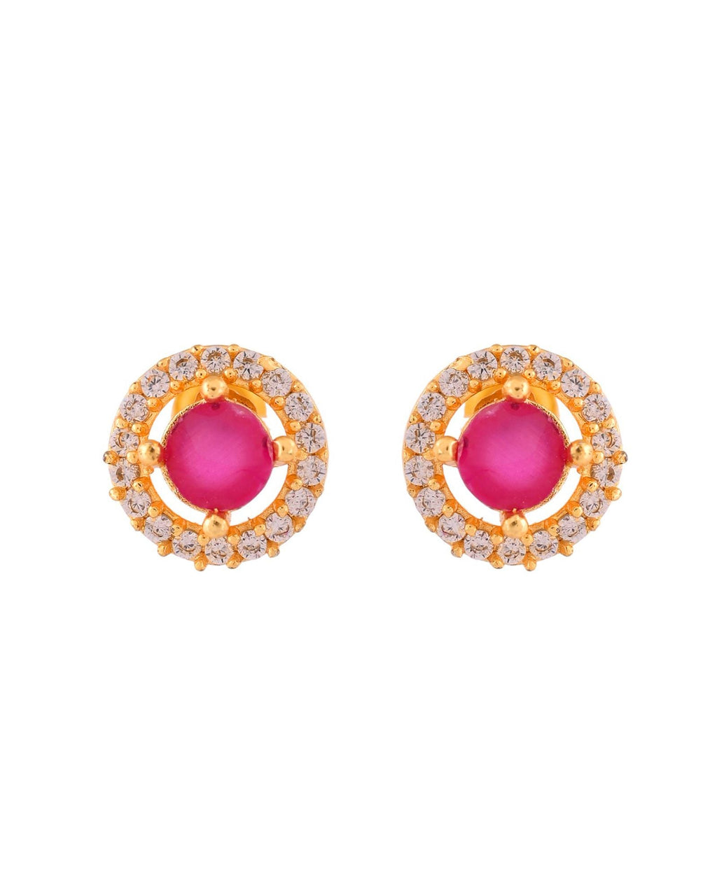 Jewels Nest Gold-Plated Round Pink Stone Pendant Necklace Set With Stud Earrings For Women | Grocsy