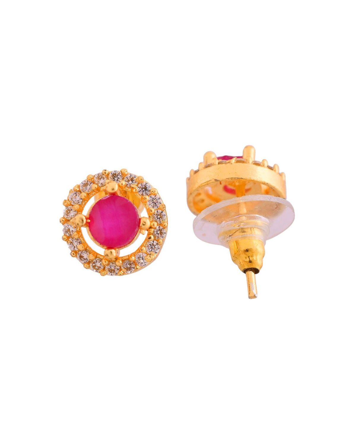 Jewels Nest Gold-Plated Round Pink Stone Pendant Necklace Set With Stud Earrings For Women | Grocsy