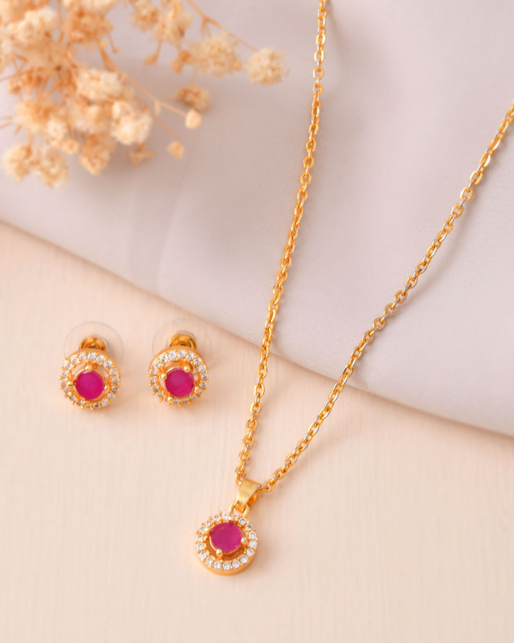Jewels Nest Gold-Plated Round Pink Stone Pendant Necklace Set With Stud Earrings For Women | Grocsy