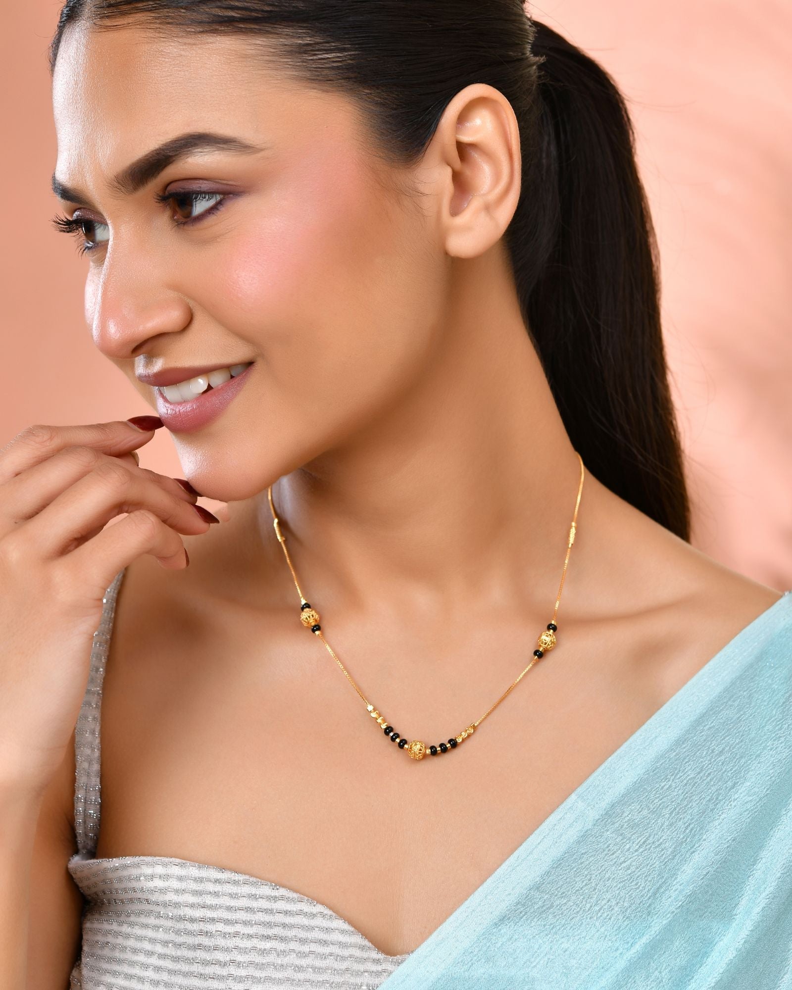 Jewels Nest Elegant Gold-Plated Black Beads Mangalsutra Necklace | Grocsy