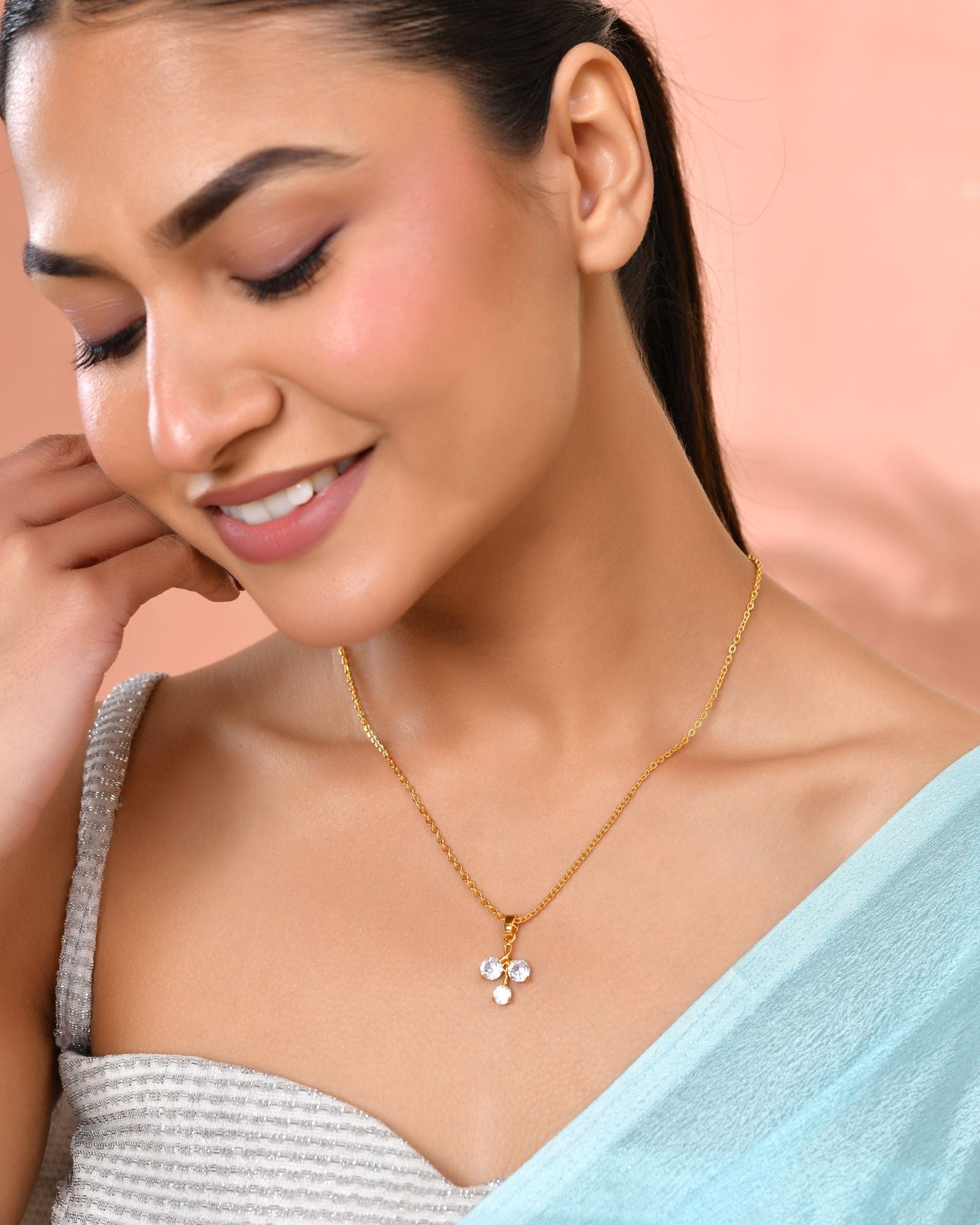 Jewels Nest Elegant Gold-Plated Triple Stone Pendant Necklace For Women | Grocsy