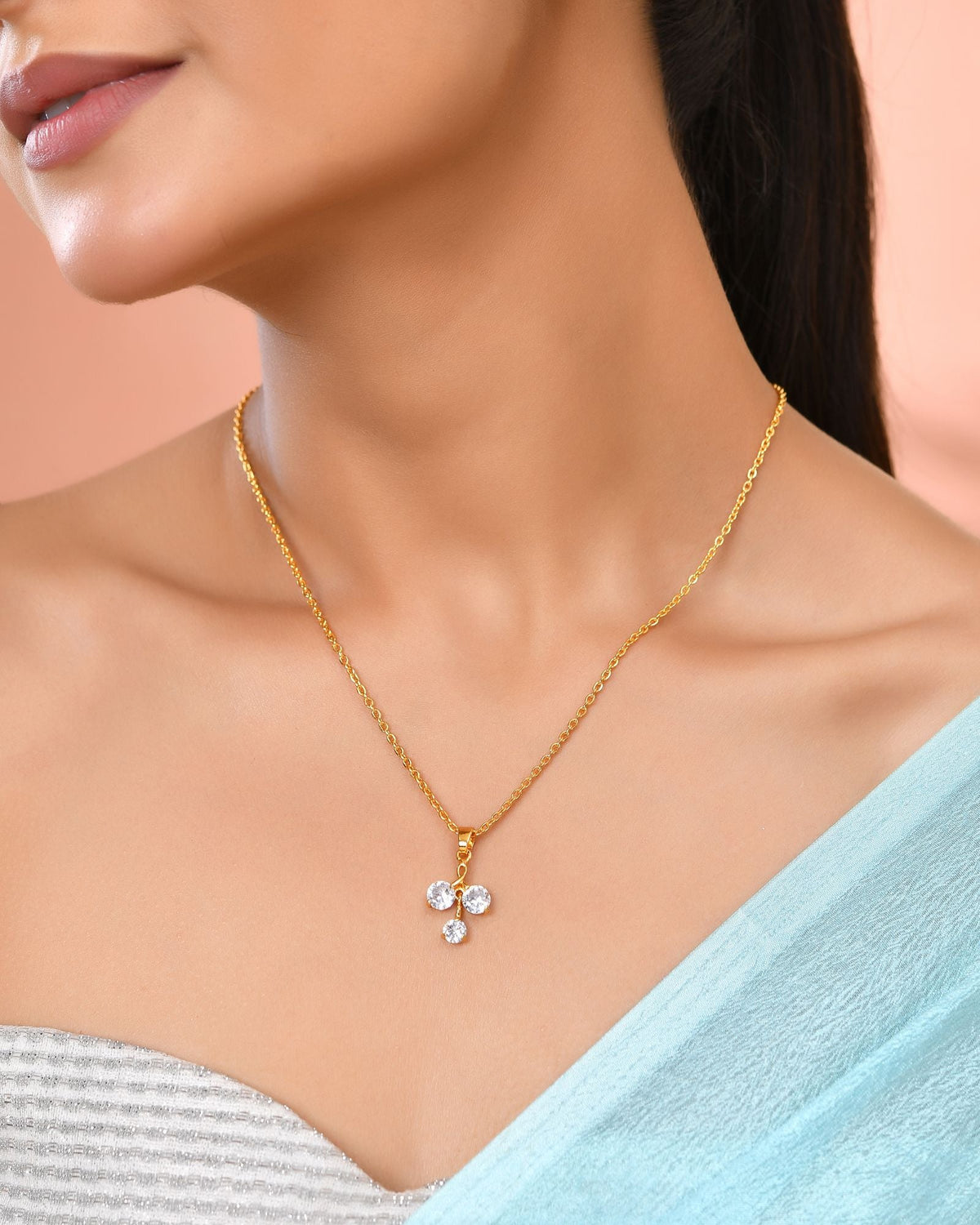 Jewels Nest Elegant Gold-Plated Triple Stone Pendant Necklace For Women | Grocsy