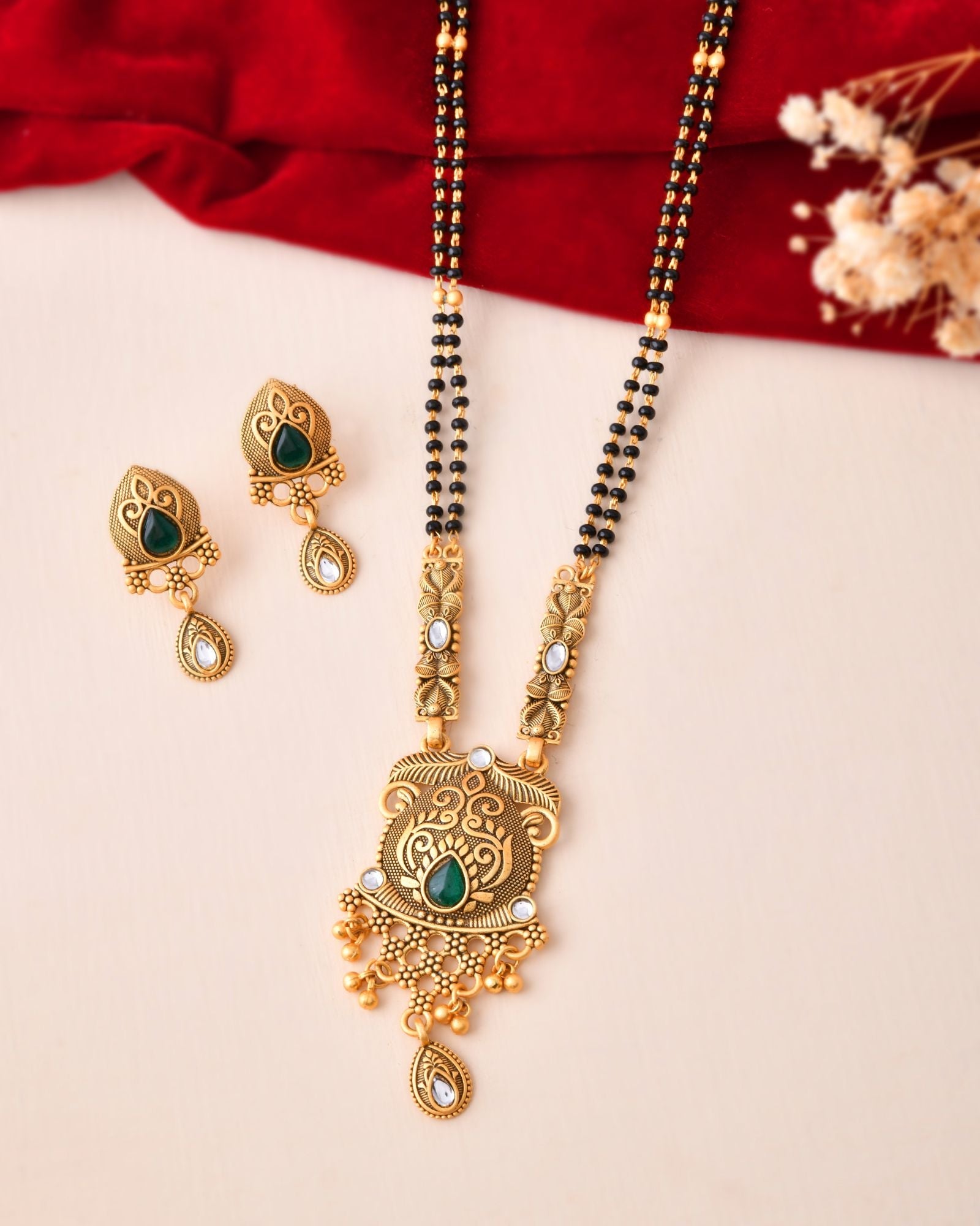 Jewels Nest Antique Gold-Plated Green Stone Mangalsutra Set For Women | Grocsy