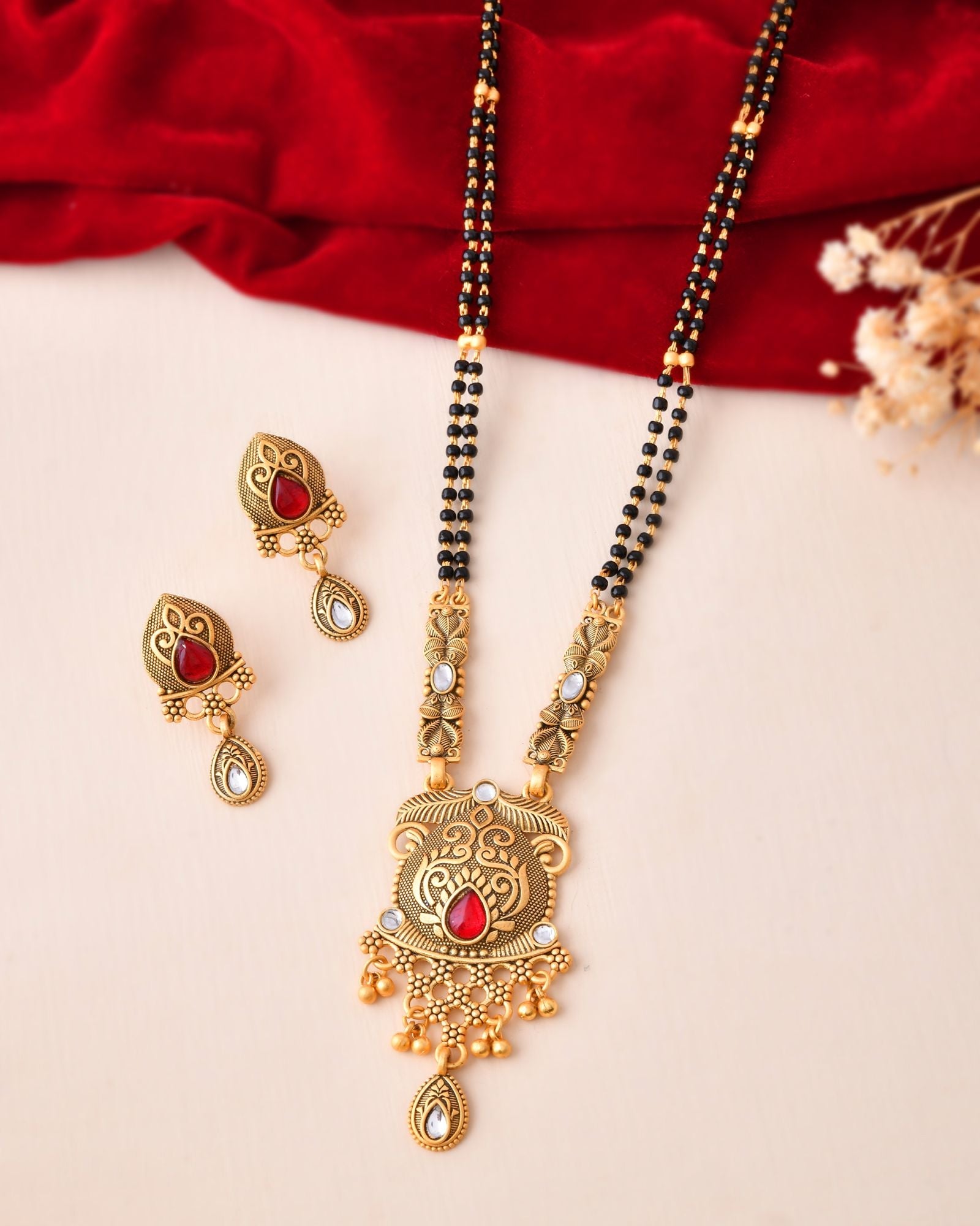 Jewels Nest Antique Gold-Plated Red Stone Temple Mangalsutra Set For Women | Grocsy