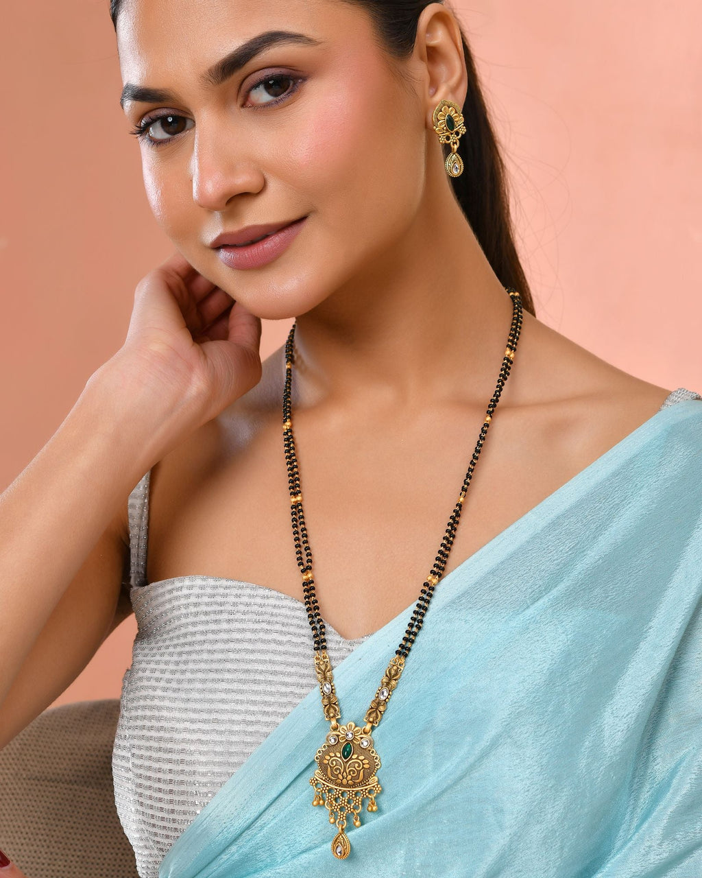Jewels Nest Antique Gold-Plated Green Stone Temple Mangalsutra Set For Women | Grocsy