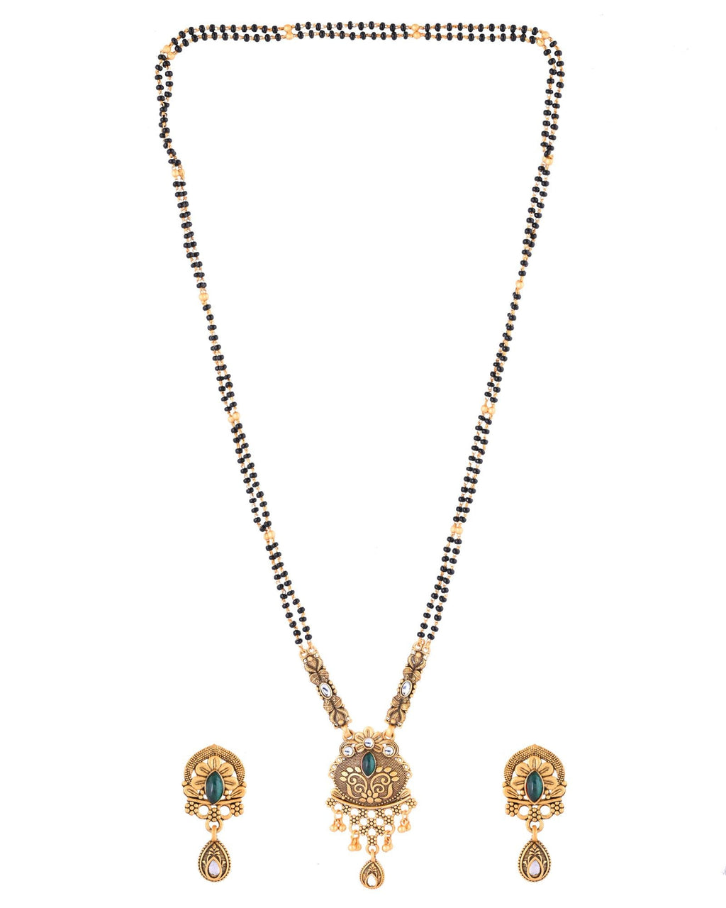 Jewels Nest Antique Gold-Plated Green Stone Temple Mangalsutra Set For Women | Grocsy