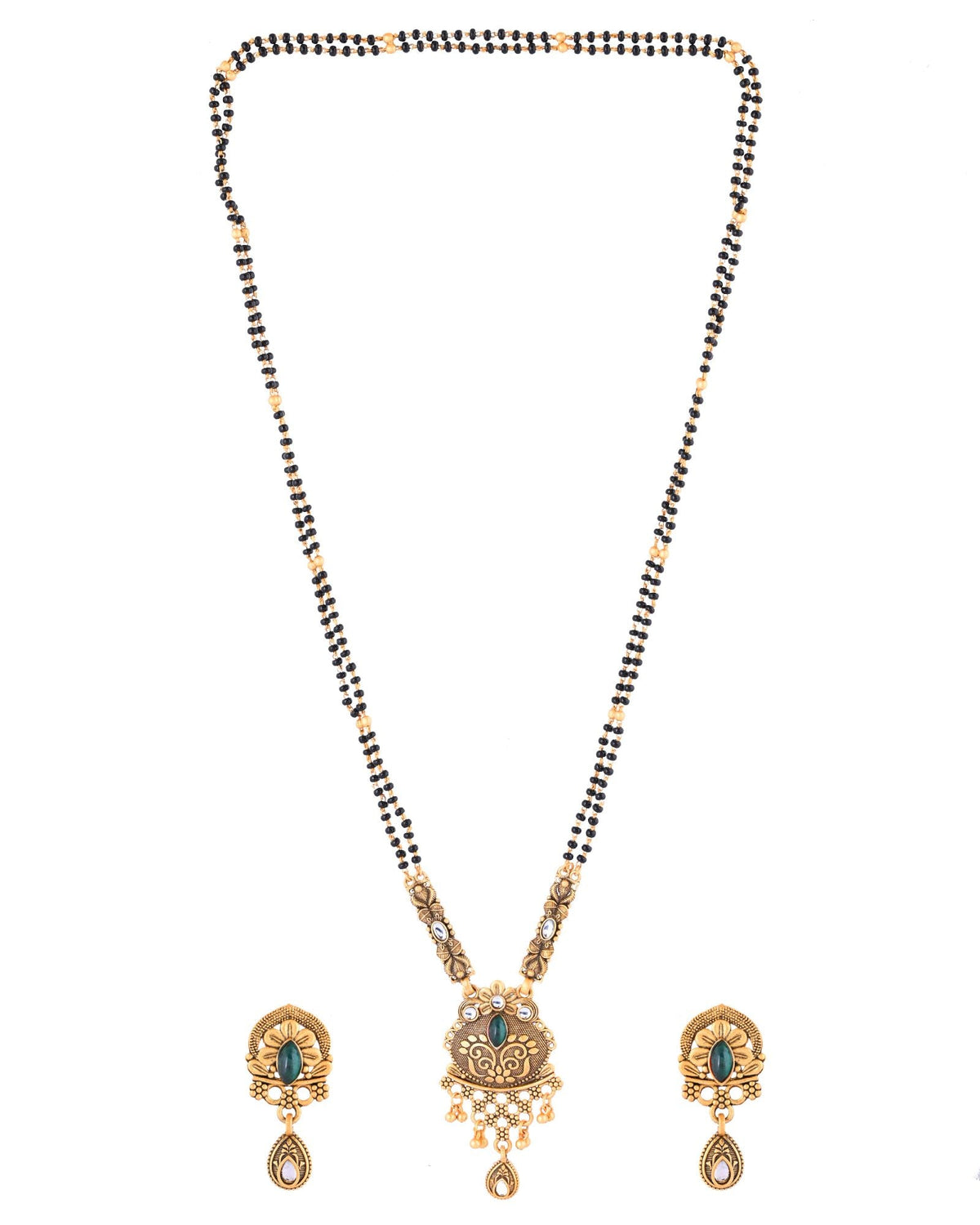 Jewels Nest Antique Gold-Plated Green Stone Temple Mangalsutra Set For Women | Grocsy