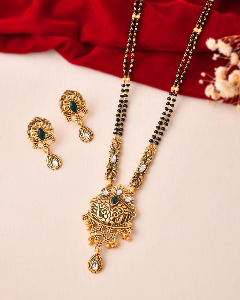Jewels Nest Antique Gold-Plated Green Stone Temple Mangalsutra Set For Women | Grocsy