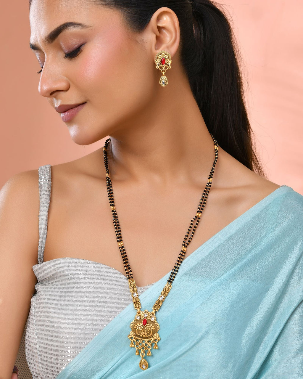Jewels Nest Antique Gold-Plated Red Stone Temple Mangalsutra Set For Women | Grocsy