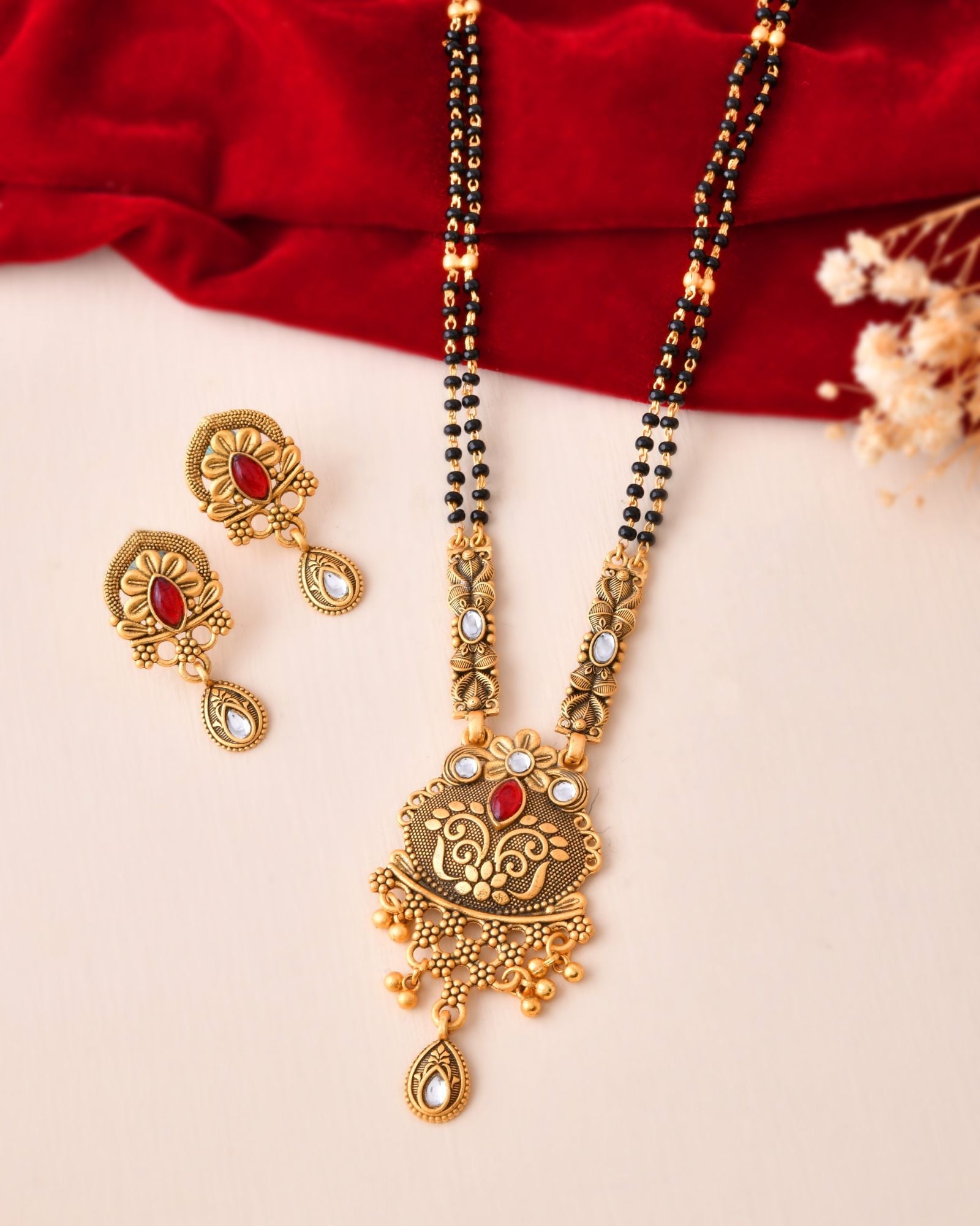 Jewels Nest Antique Gold-Plated Red Stone Temple Mangalsutra Set For Women | Grocsy