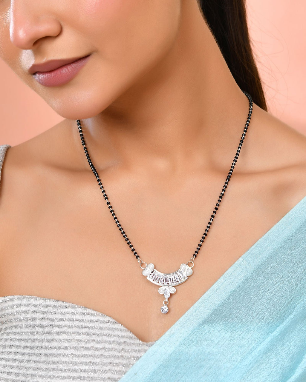 Jewels Nest Minimal Silver-Tone White Stone Mangalsutra With Elegant Curved Pendant | Grocsy