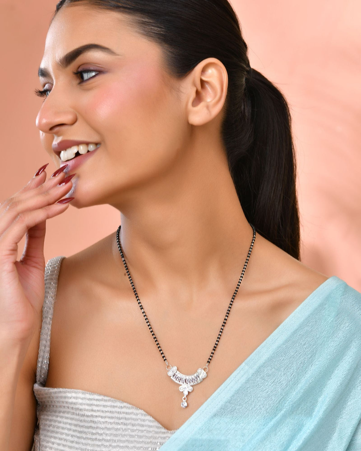 Jewels Nest Minimal Silver-Tone White Stone Mangalsutra With Elegant Curved Pendant | Grocsy