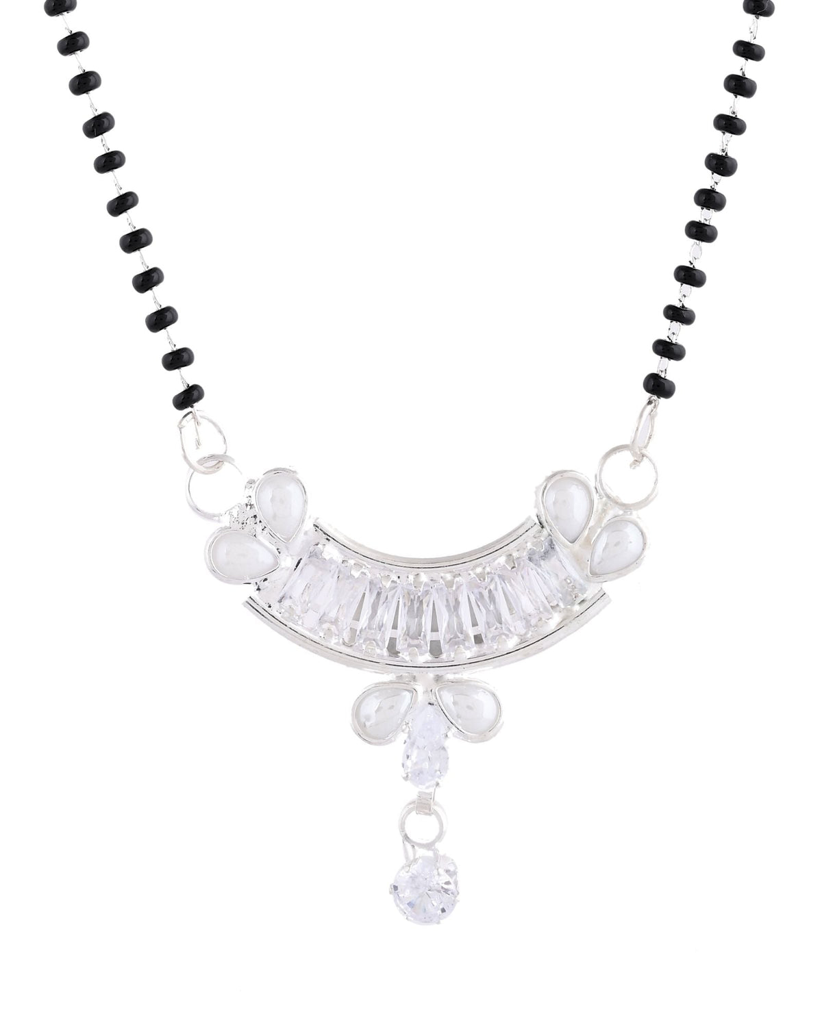 Jewels Nest Minimal Silver-Tone White Stone Mangalsutra With Elegant Curved Pendant | Grocsy