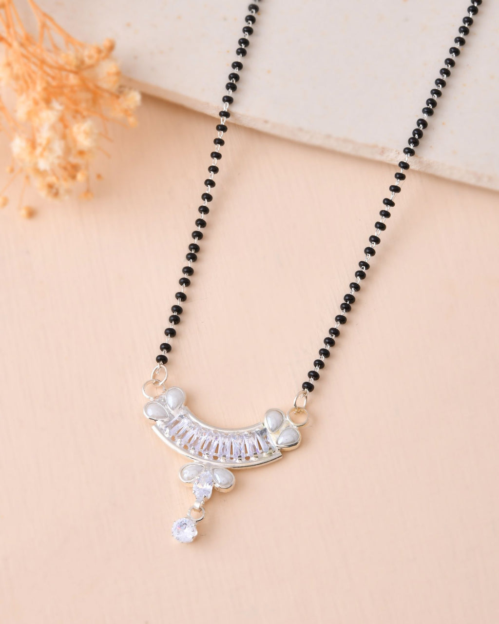 Jewels Nest Minimal Silver-Tone White Stone Mangalsutra With Elegant Curved Pendant | Grocsy