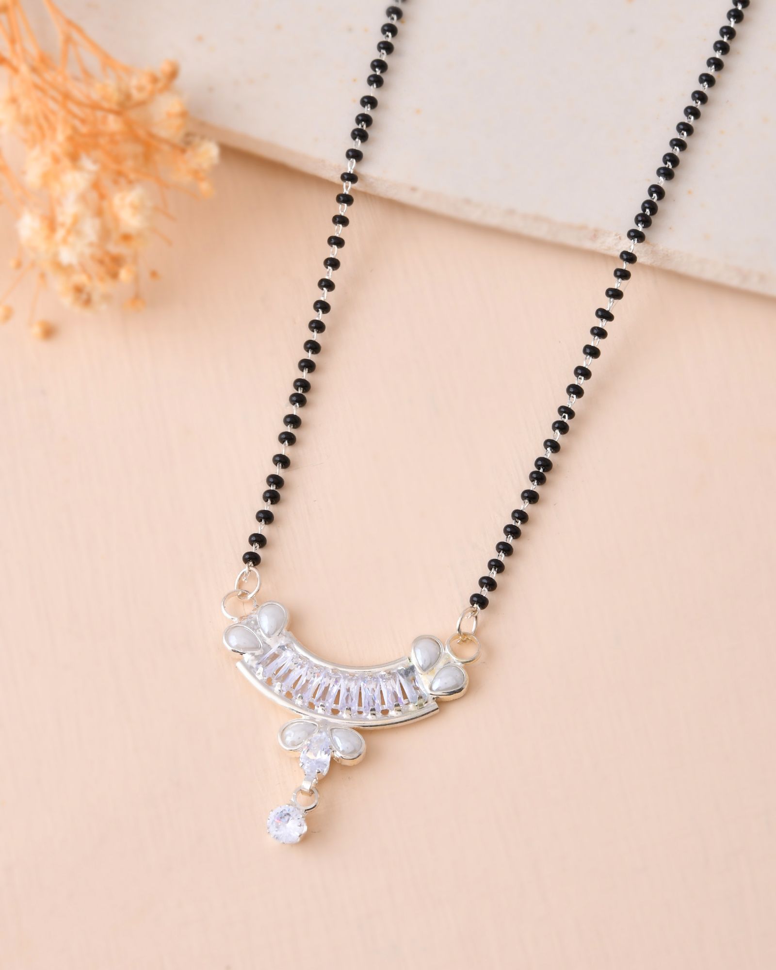 Jewels Nest Minimal Silver-Tone White Stone Mangalsutra With Elegant Curved Pendant | Grocsy