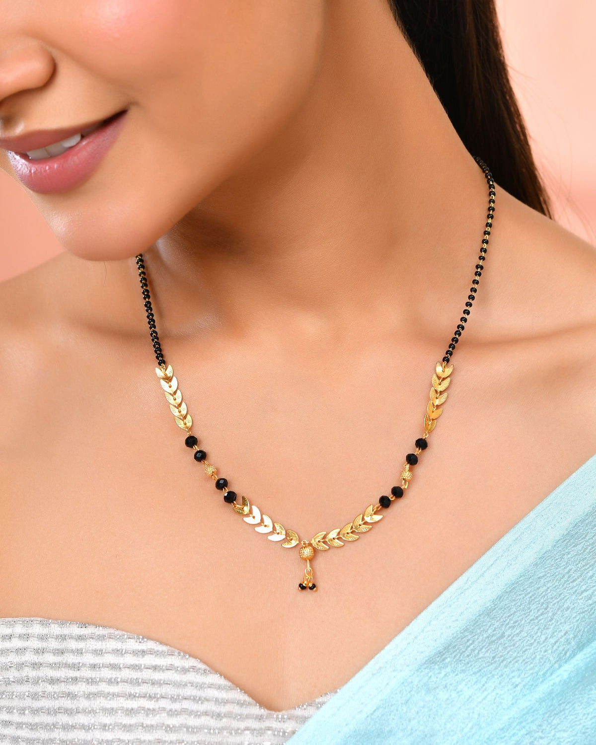 Jewels Nest Gold-Tone Leaf Design Black Beads Mangalsutra For Daily Wear | Grocsy