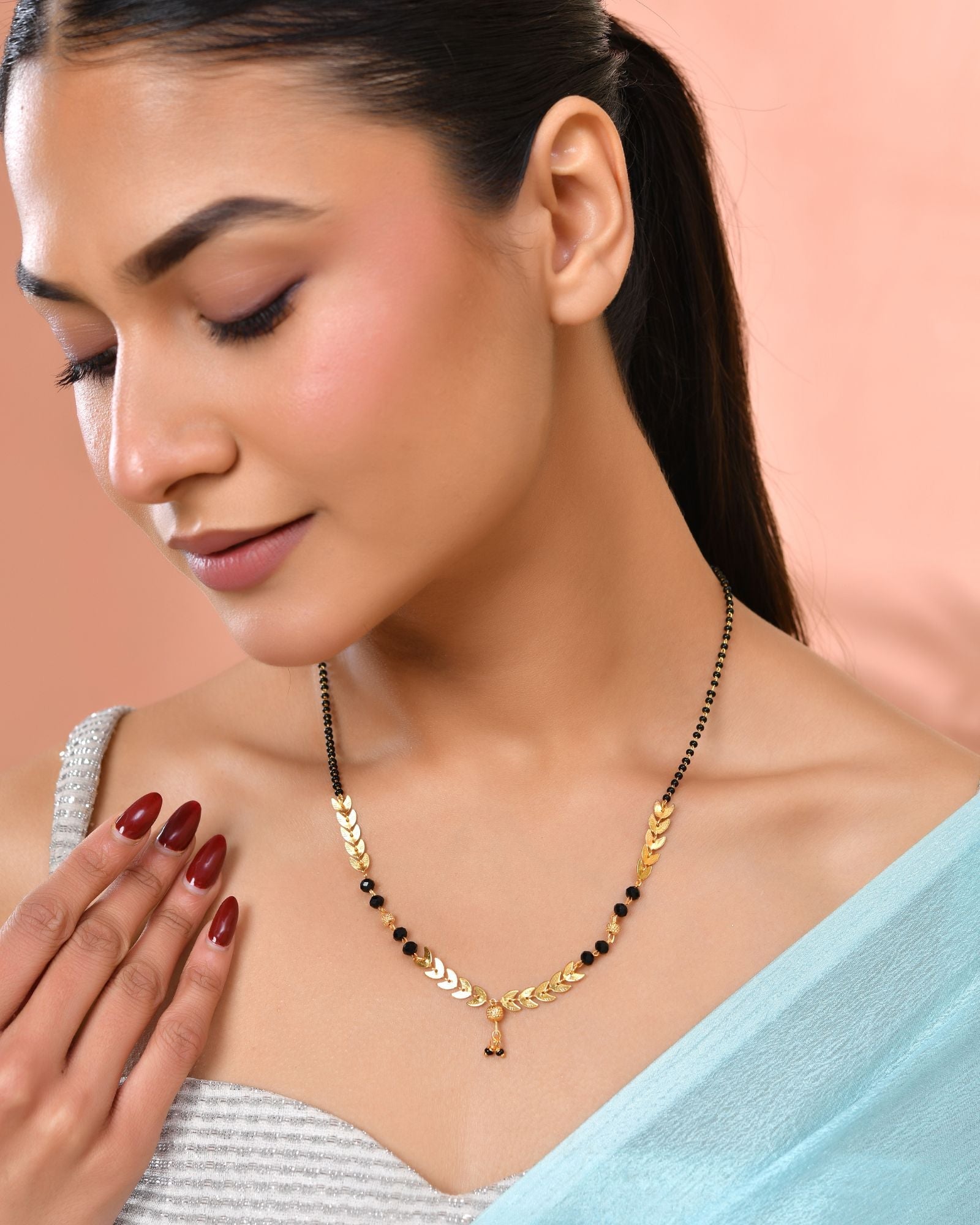 Jewels Nest Gold-Tone Leaf Design Black Beads Mangalsutra For Daily Wear | Grocsy