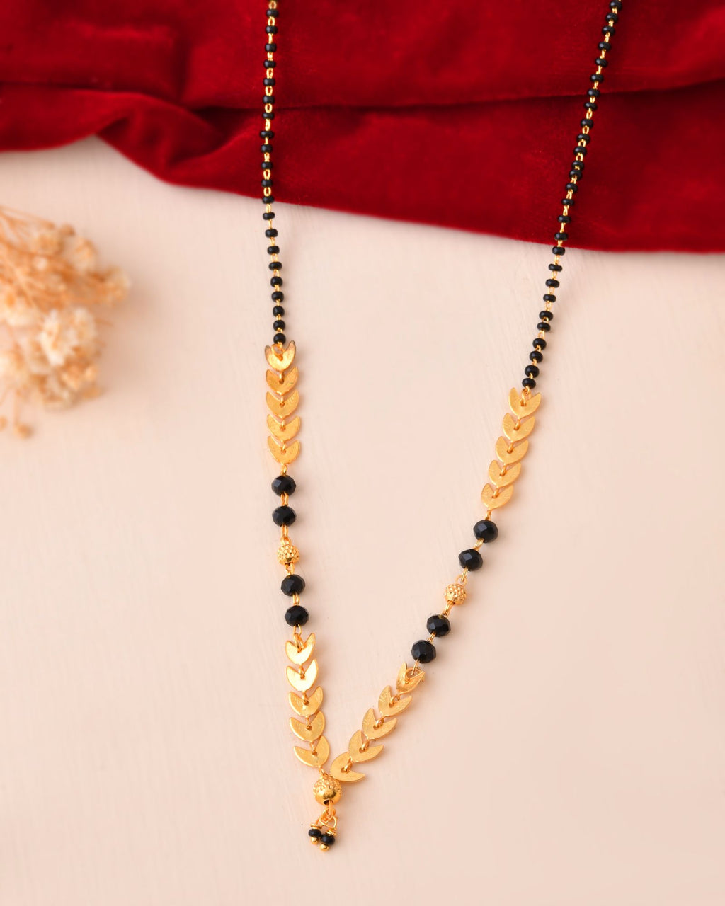 Jewels Nest Gold-Tone Leaf Design Black Beads Mangalsutra For Daily Wear | Grocsy