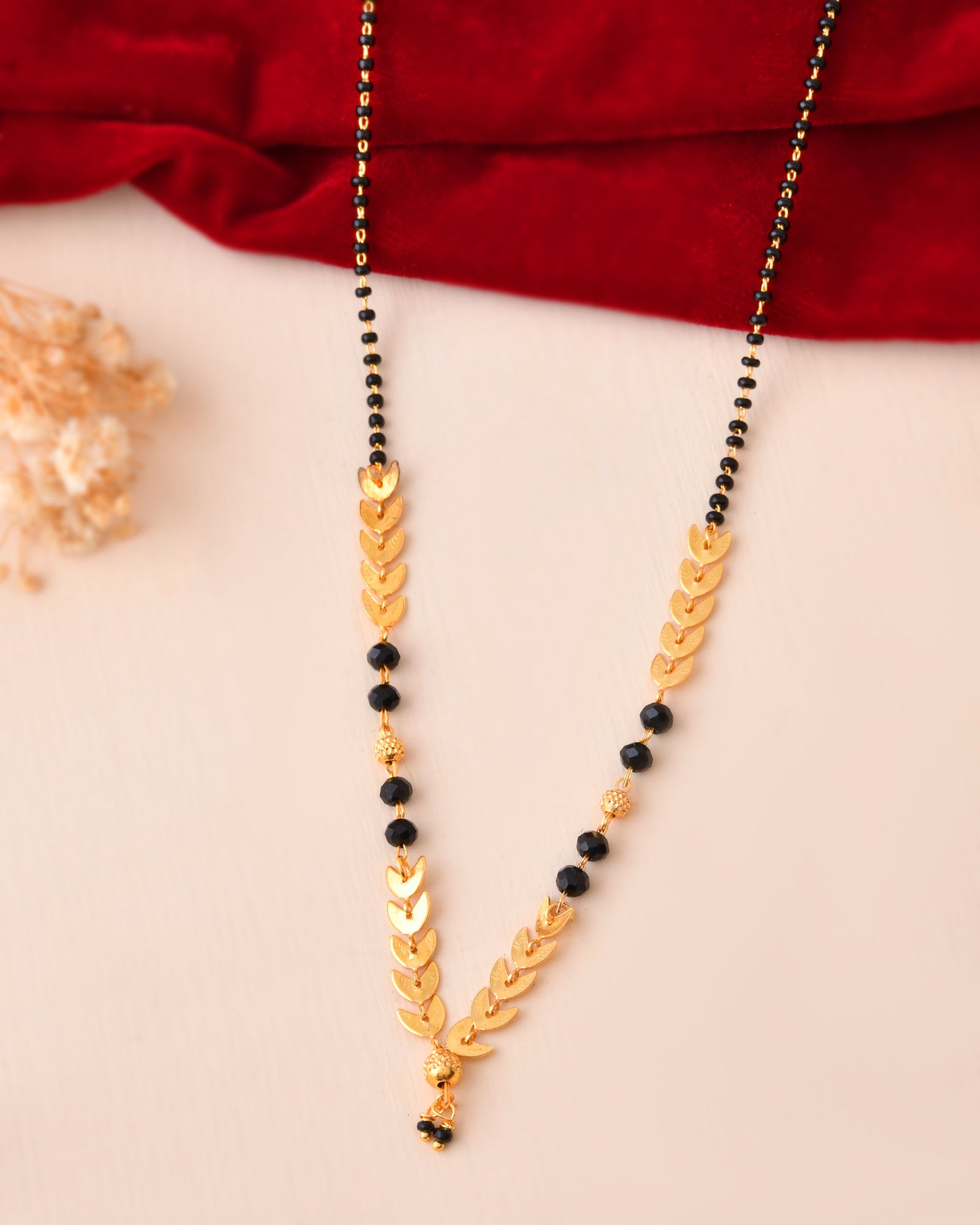 Jewels Nest Gold-Tone Leaf Design Black Beads Mangalsutra For Daily Wear | Grocsy