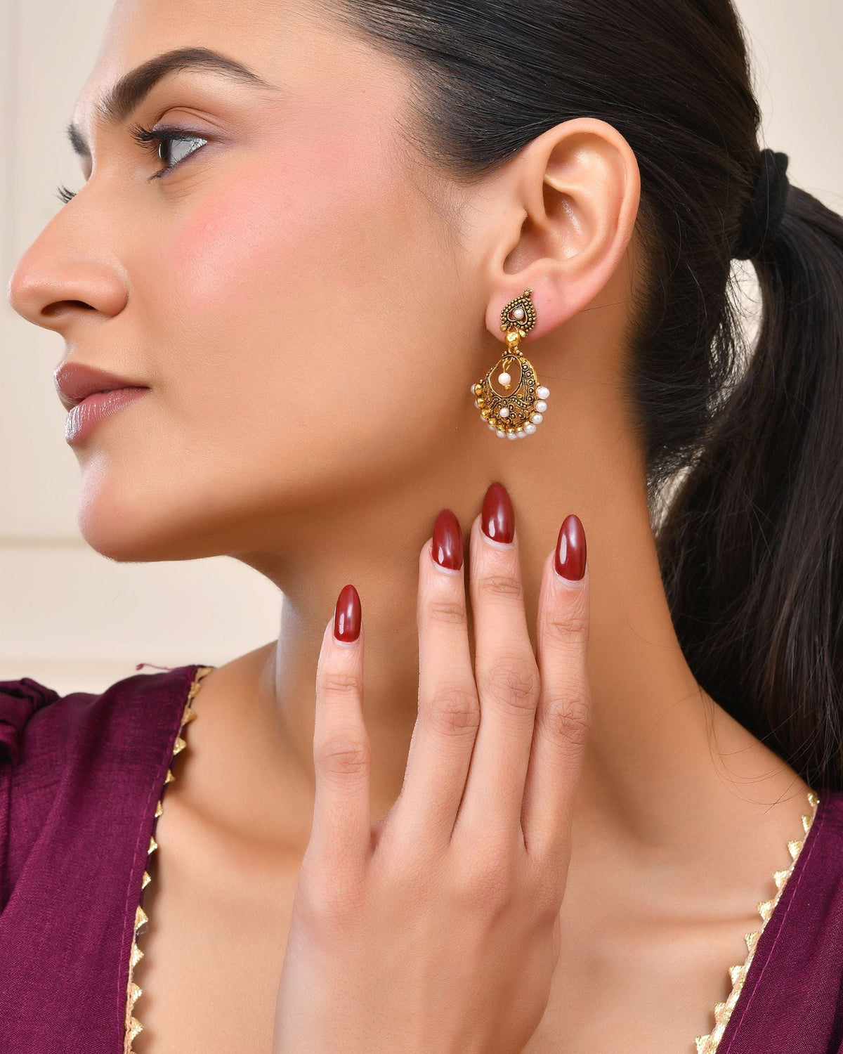 Jewels Nest Gold-Tone Oxidised Pearl Drop Chandbali Earrings | Grocsy