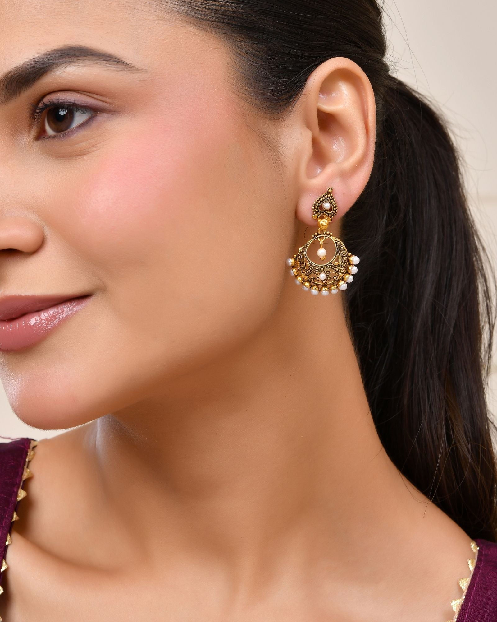 Jewels Nest Gold-Tone Oxidised Pearl Drop Chandbali Earrings | Grocsy