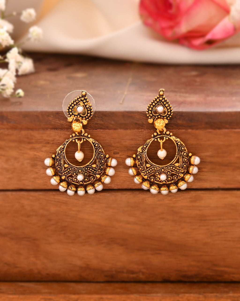 Jewels Nest Gold-Tone Oxidised Pearl Drop Chandbali Earrings | Grocsy