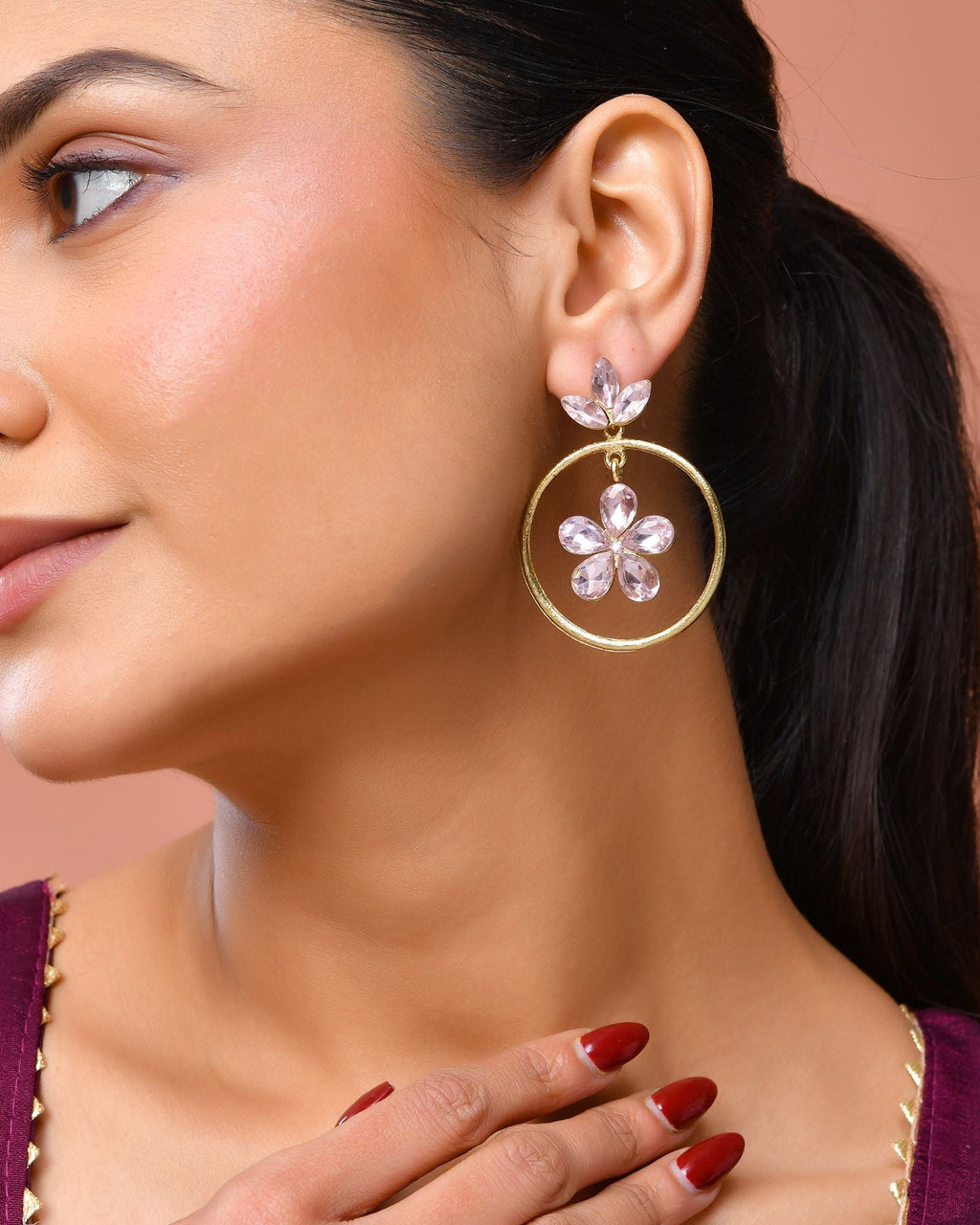 Jewels Nest Gold-Tone Floral Crystal Hoop Earrings For Women | Grocsy
