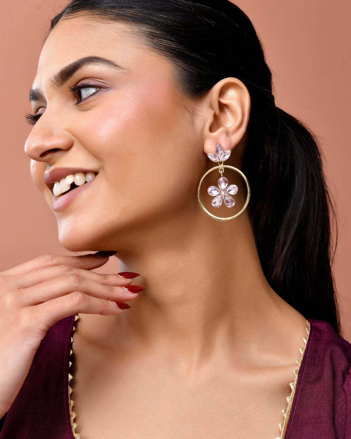 Jewels Nest Gold-Tone Floral Crystal Hoop Earrings For Women | Grocsy