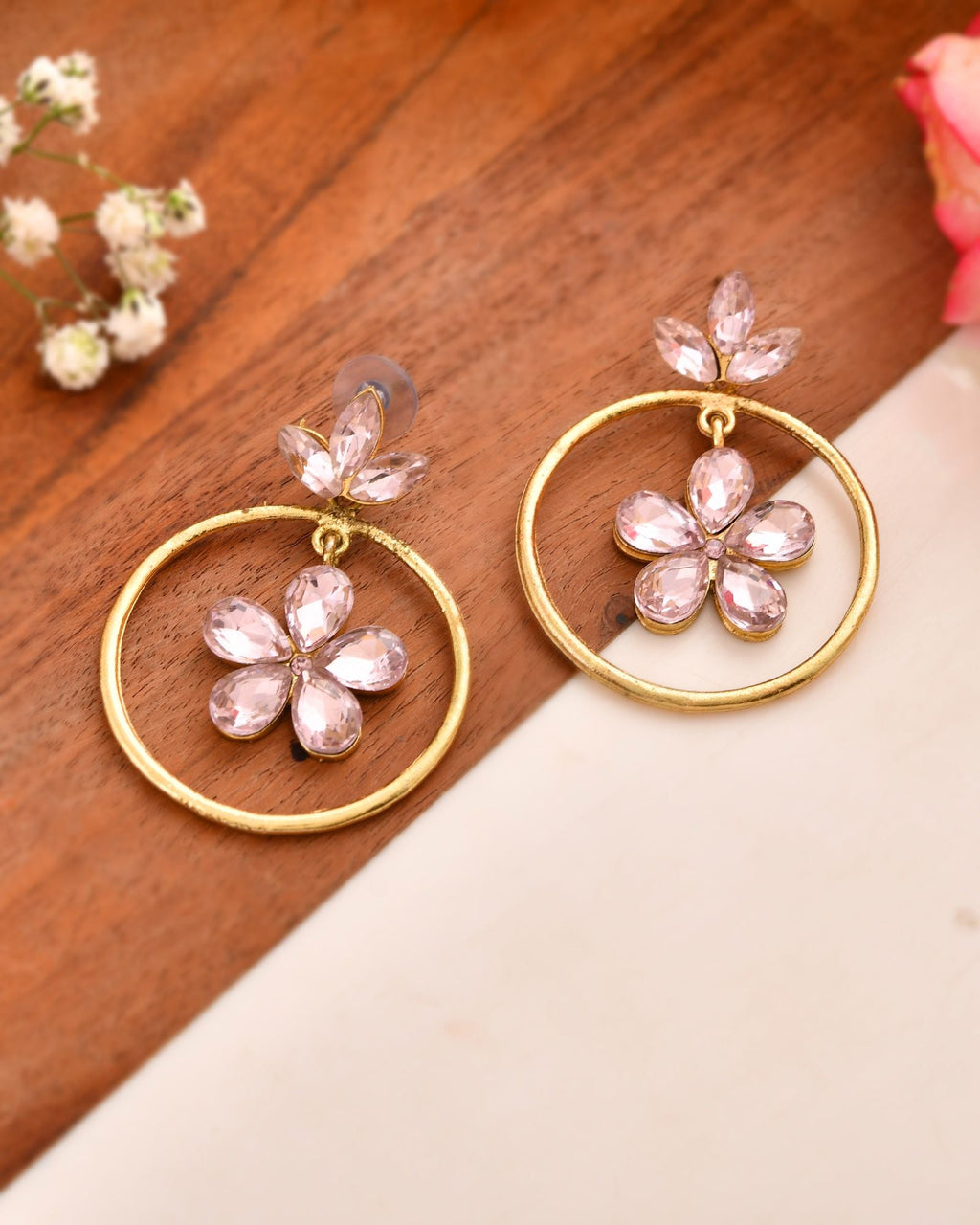 Jewels Nest Gold-Tone Floral Crystal Hoop Earrings For Women | Grocsy