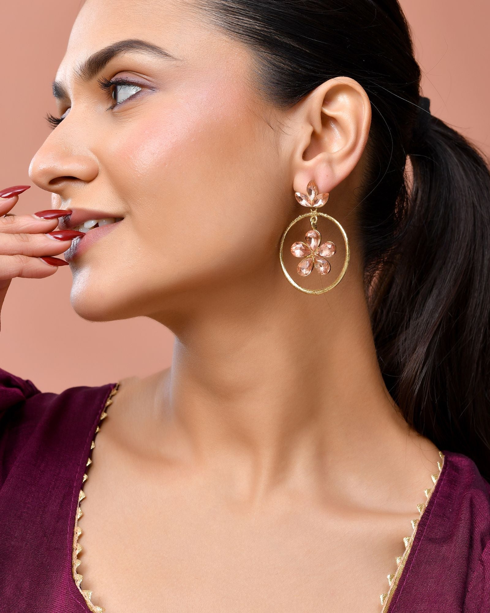 Jewels Nest Gold-Tone Peach Crystal Floral Hoop Earrings For Women | Grocsy