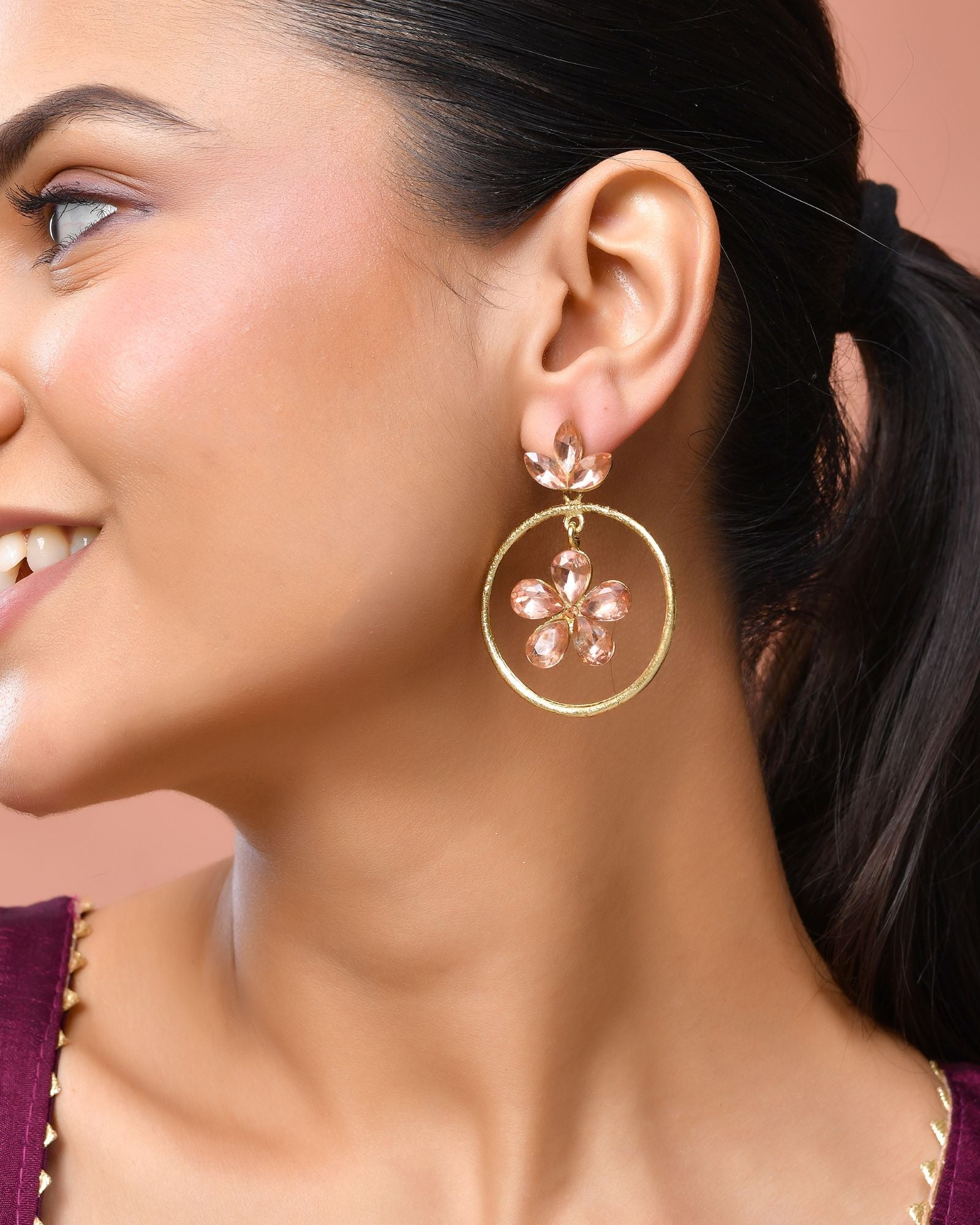 Jewels Nest Gold-Tone Peach Crystal Floral Hoop Earrings For Women | Grocsy