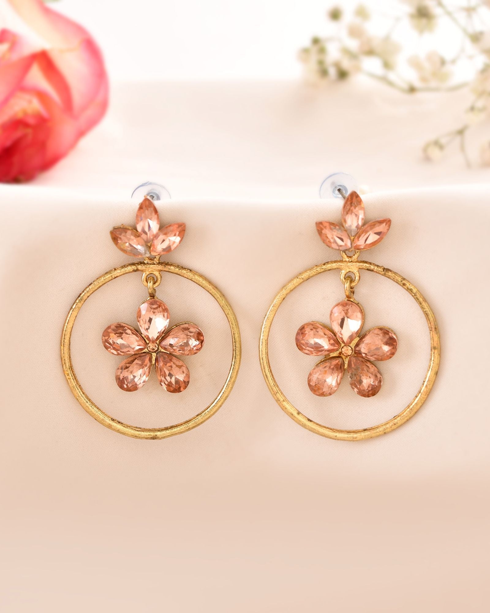 Jewels Nest Gold-Tone Peach Crystal Floral Hoop Earrings For Women | Grocsy