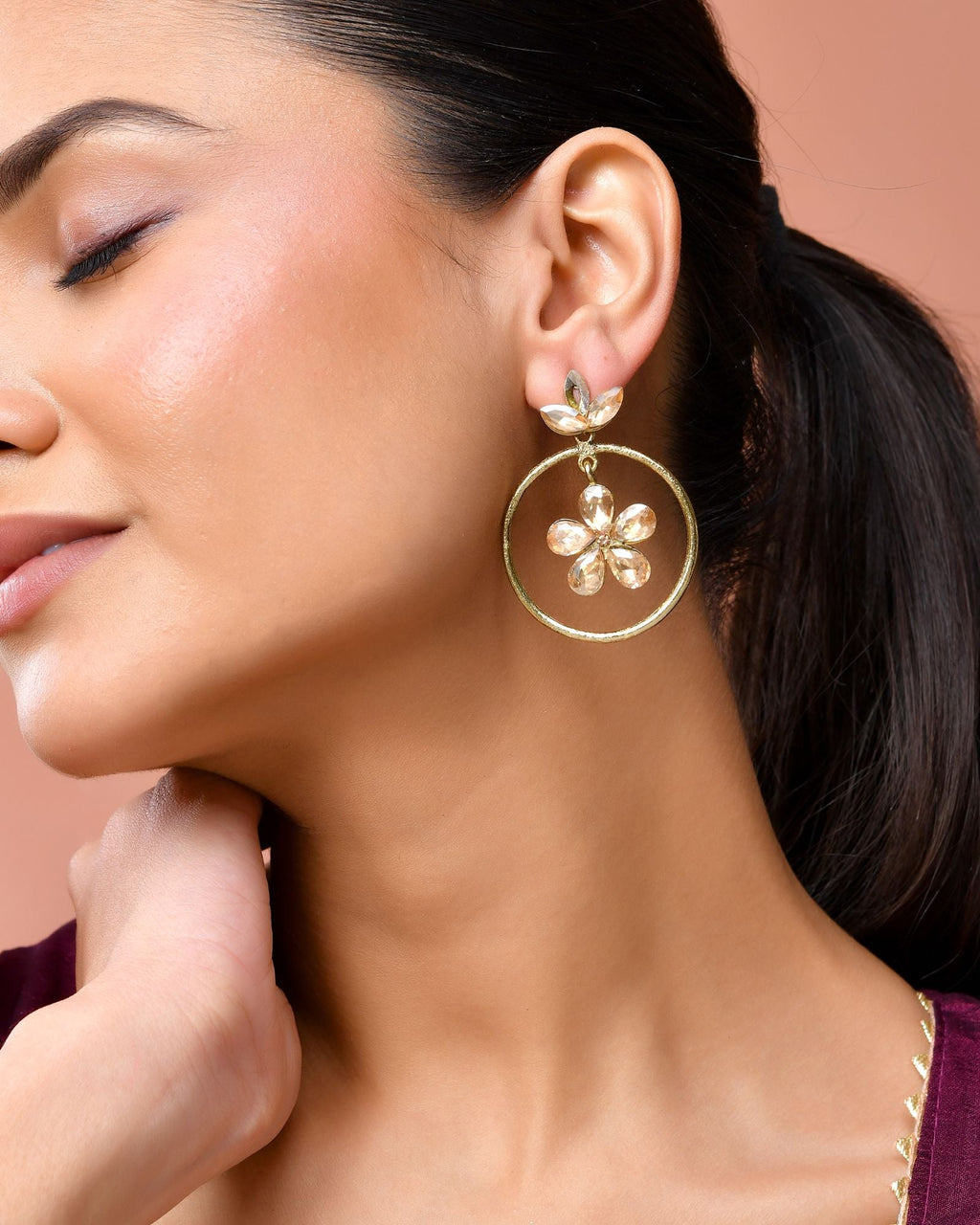 Jewels Nest Gold-Tone Champagne Crystal Floral Hoop Earrings For Women | Grocsy