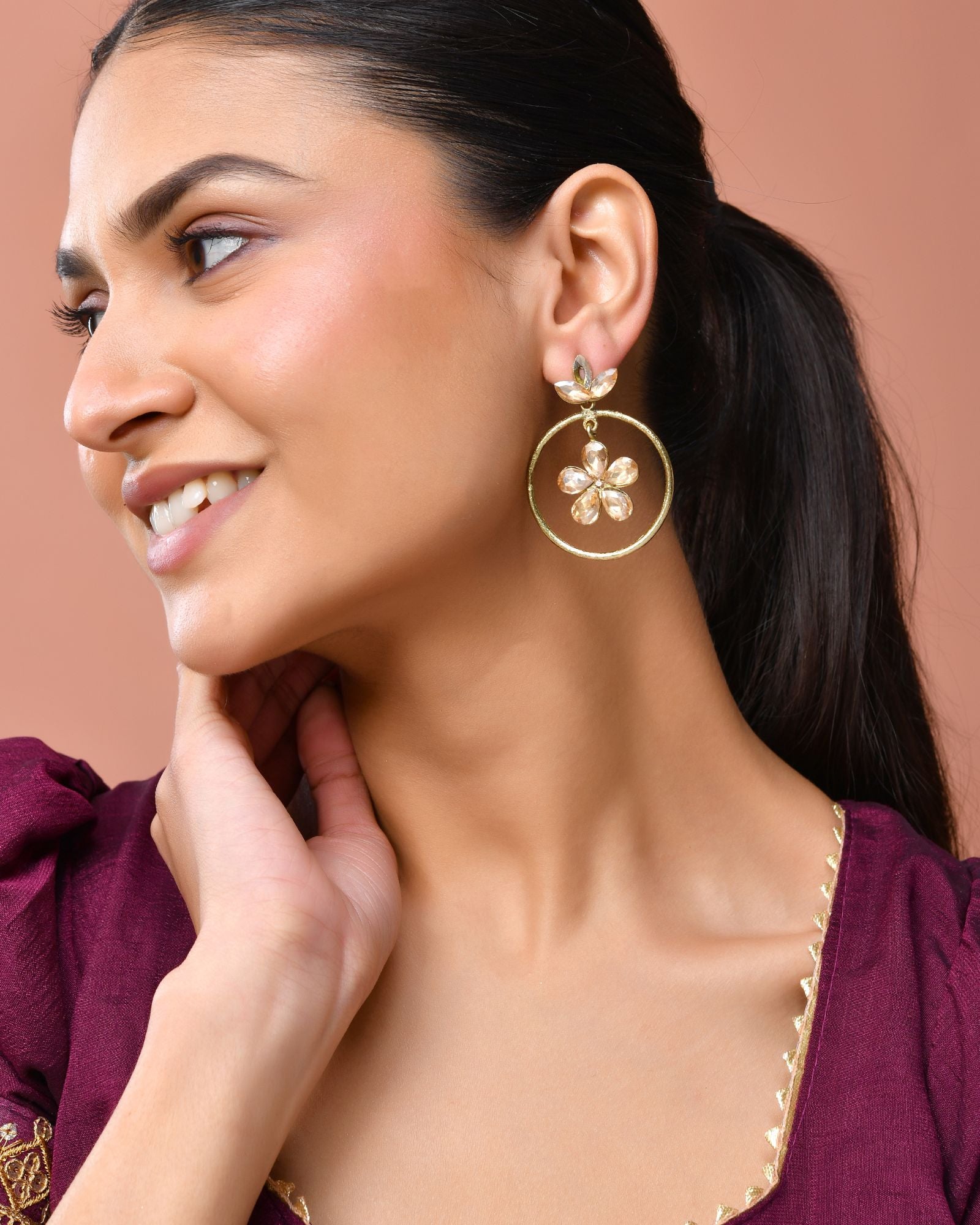 Jewels Nest Gold-Tone Champagne Crystal Floral Hoop Earrings For Women | Grocsy