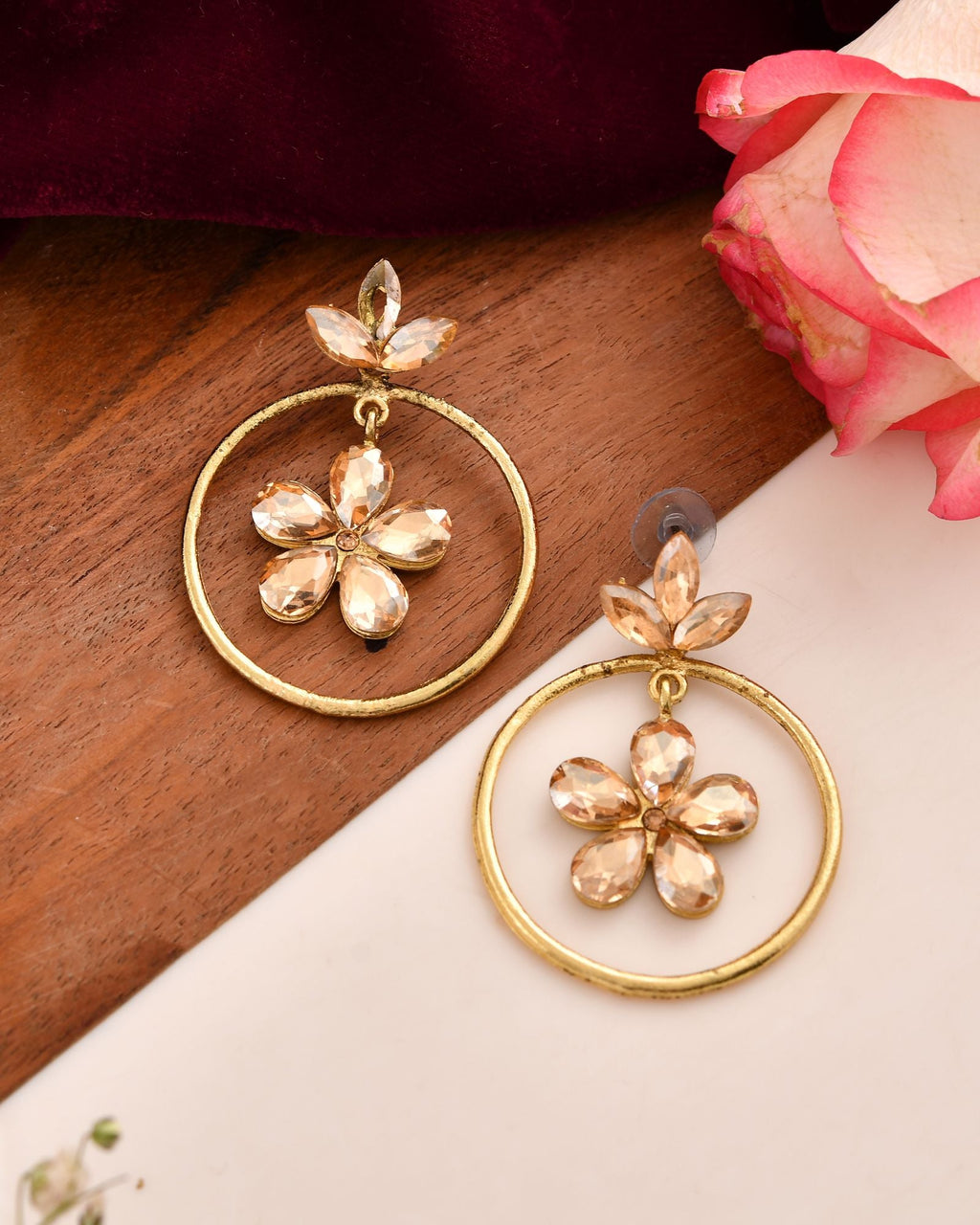 Jewels Nest Gold-Tone Champagne Crystal Floral Hoop Earrings For Women | Grocsy