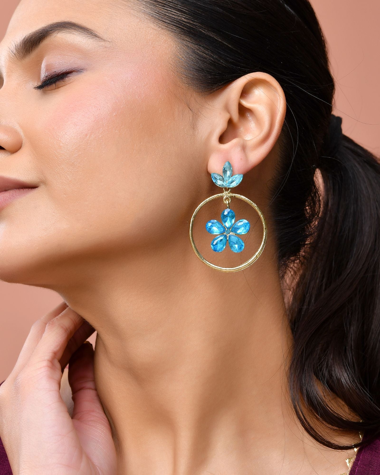 Jewels Nest Gold-Tone Blue Crystal Floral Hoop Earrings For Women | Grocsy