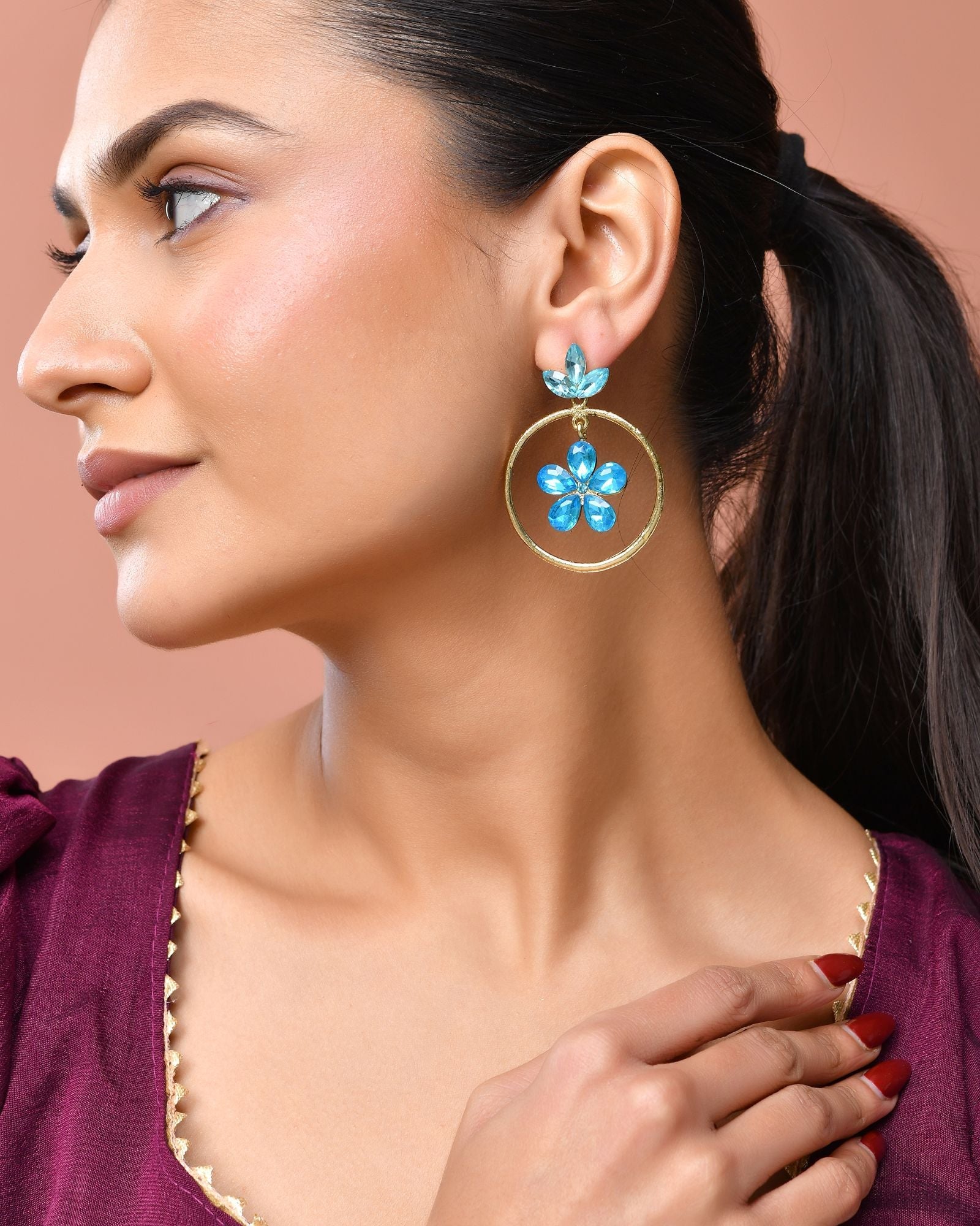 Jewels Nest Gold-Tone Blue Crystal Floral Hoop Earrings For Women | Grocsy