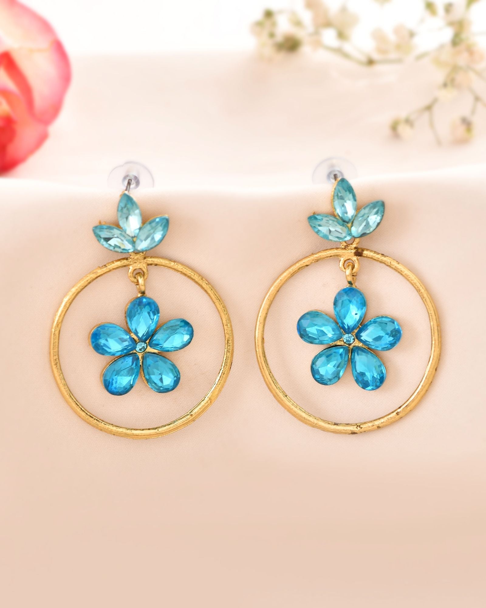 Jewels Nest Gold-Tone Blue Crystal Floral Hoop Earrings For Women | Grocsy