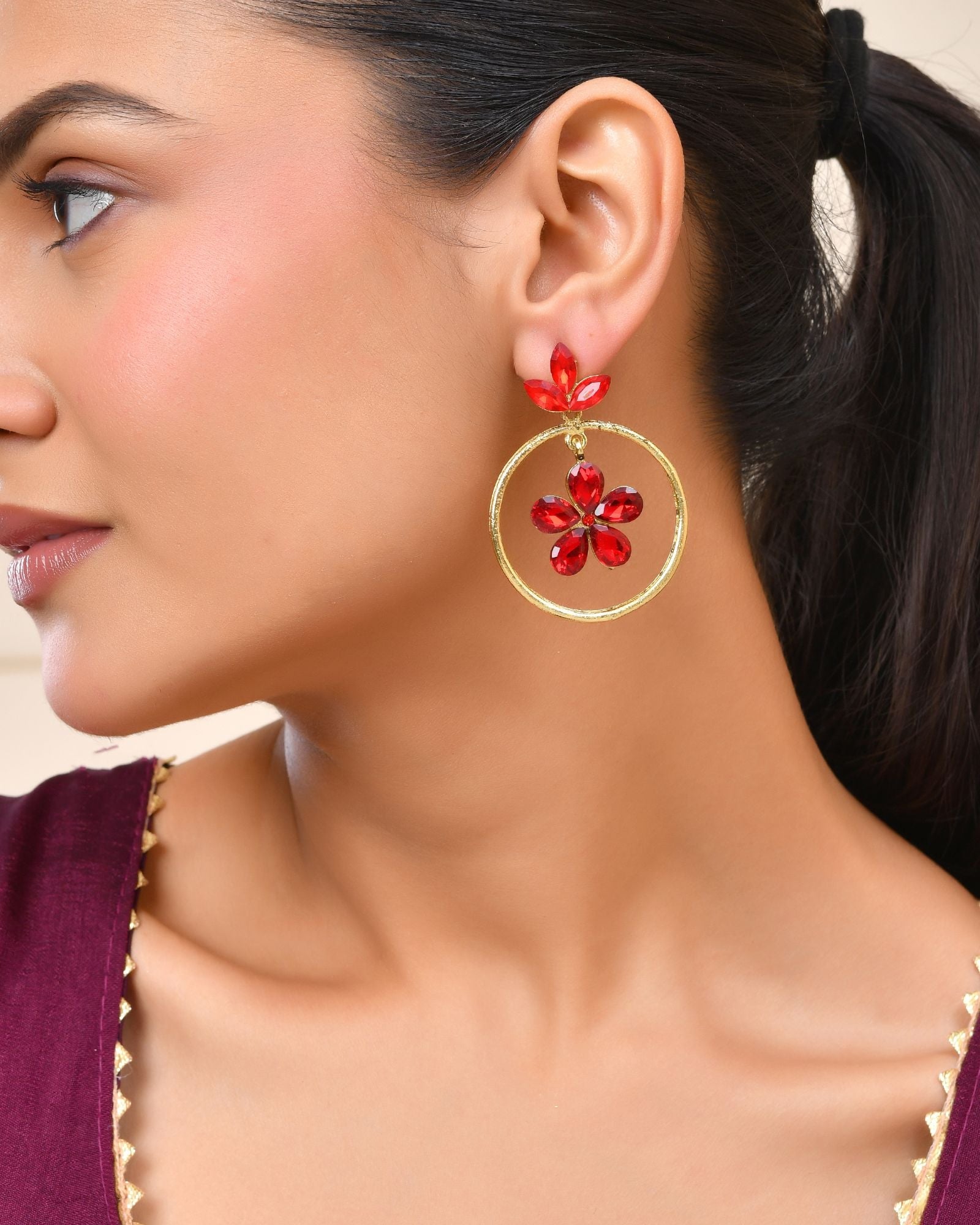 Jewels Nest Gold-Tone Red Crystal Floral Hoop Earrings For Women | Grocsy