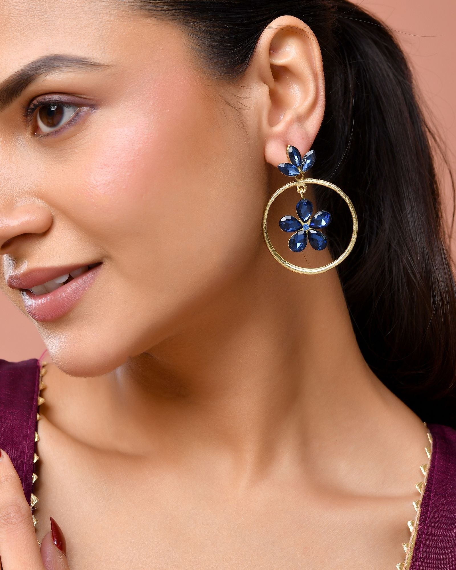 Jewels Nest Gold-Tone Blue Crystal Floral Hoop Earrings For Women | Grocsy