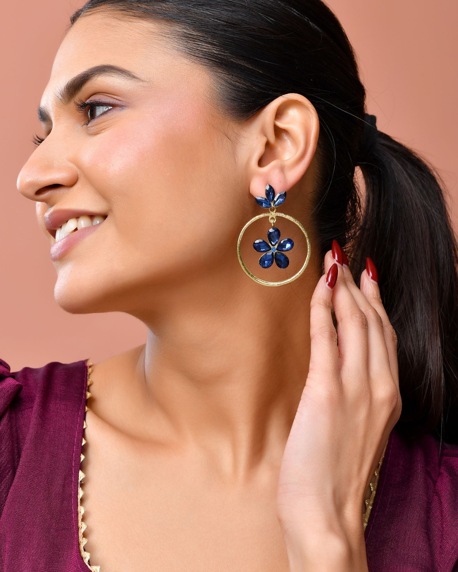Jewels Nest Gold-Tone Blue Crystal Floral Hoop Earrings For Women | Grocsy