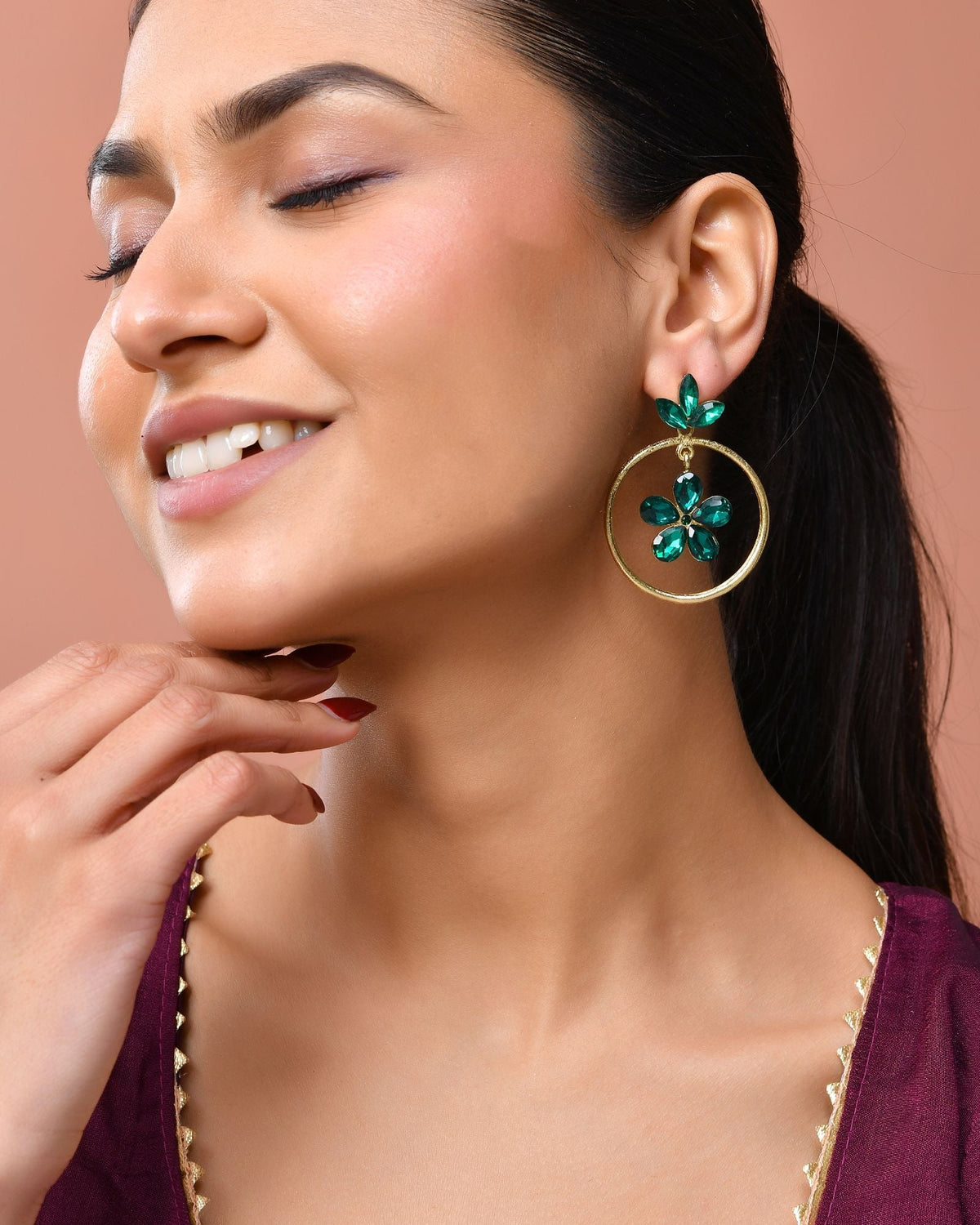 Jewels Nest Gold Tone Emerald Green Crystal Floral Hoop Earrings For Women | Grocsy