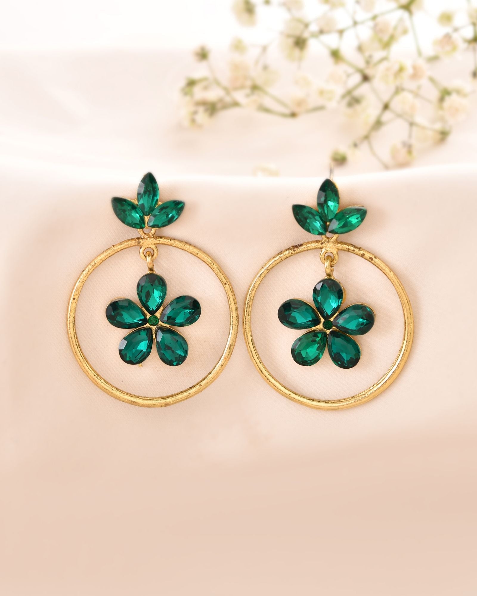 Jewels Nest Gold Tone Emerald Green Crystal Floral Hoop Earrings For Women | Grocsy