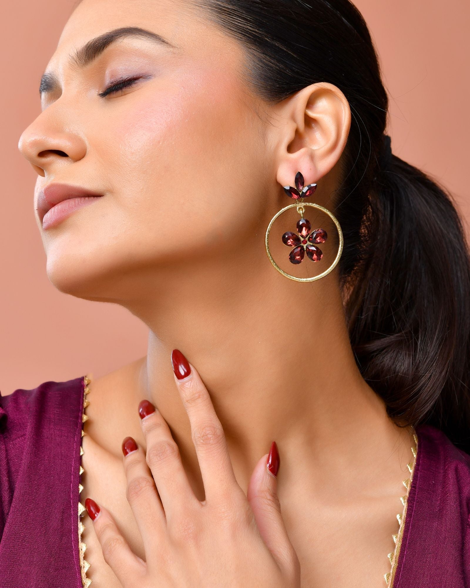 Jewels Nest Gold Tone Dark Maroon Floral Hoop Earrings For Women | Grocsy